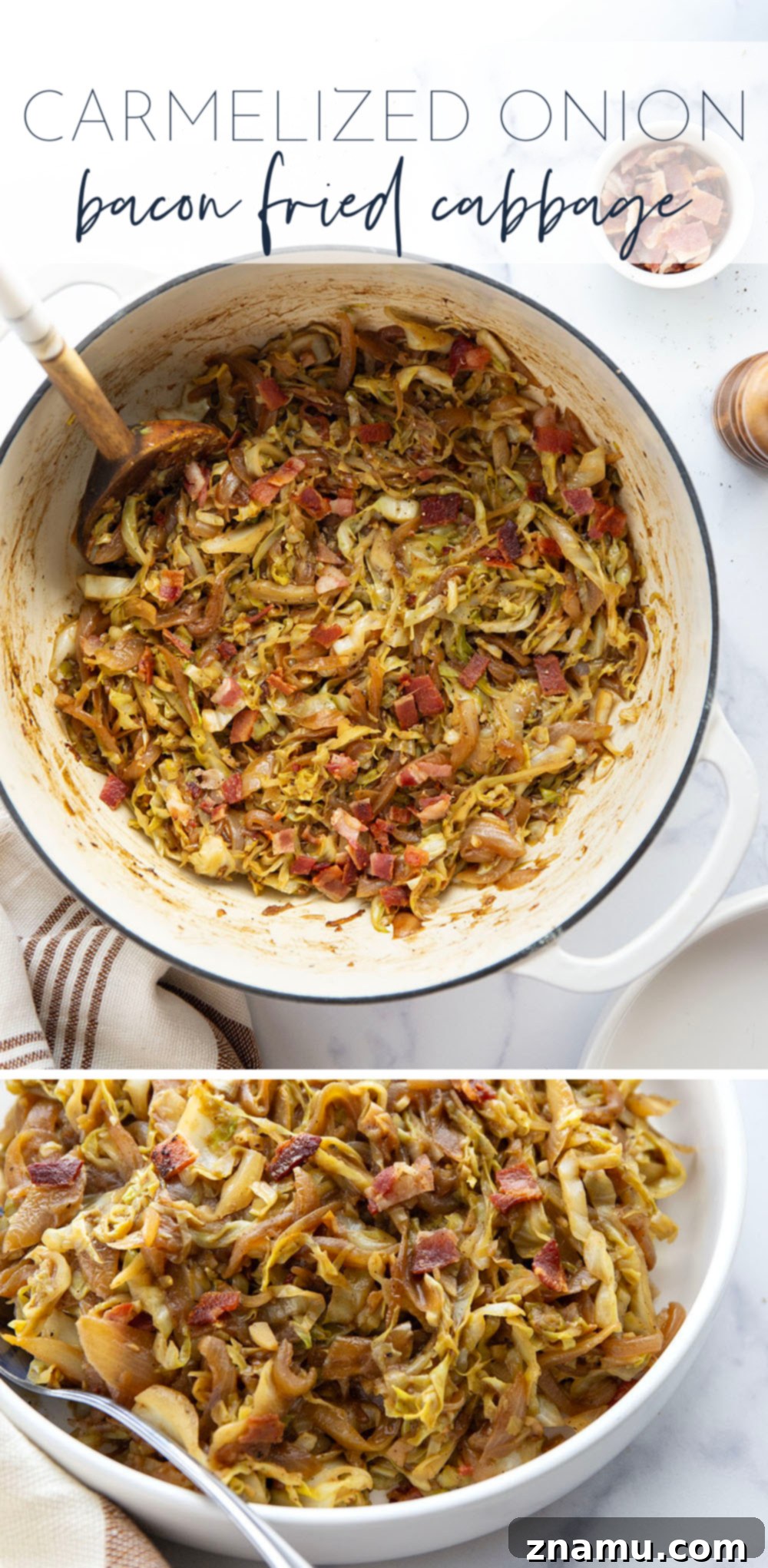 Sweet and Savory Bacon Cabbage Skillet 7 Deeply flavorful caramelized onion and crispy bacon pair perfectly with tender cabbage in this easy bacon fried cabbage. Try pairing it with corned beef and potatoes for a full hearty meal.