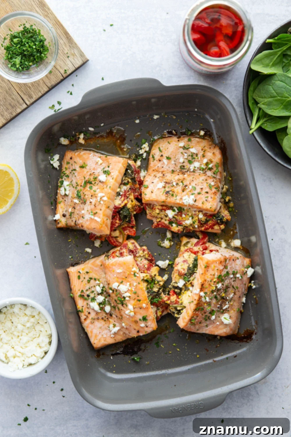 Feta and Roasted Red Pepper Stuffed Salmon 4 Delicious Feta Stuffed Salmon with roasted red pepper and spinach filling.