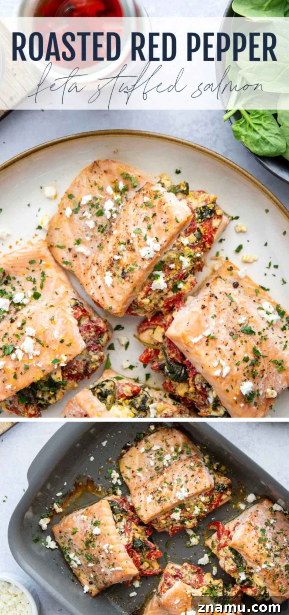 Feta and Roasted Red Pepper Stuffed Salmon 7 Beautifully baked Feta Stuffed Salmon, showcasing the golden exterior and rich filling.