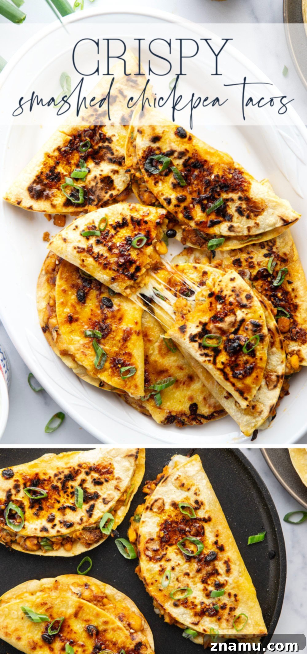 Golden Smashed Chickpea Tacos 7 These crispy chickpea tacos feature a smashed chickpea filling with two kinds of gooey cheese melted inside and lots of spicy chili crisp.