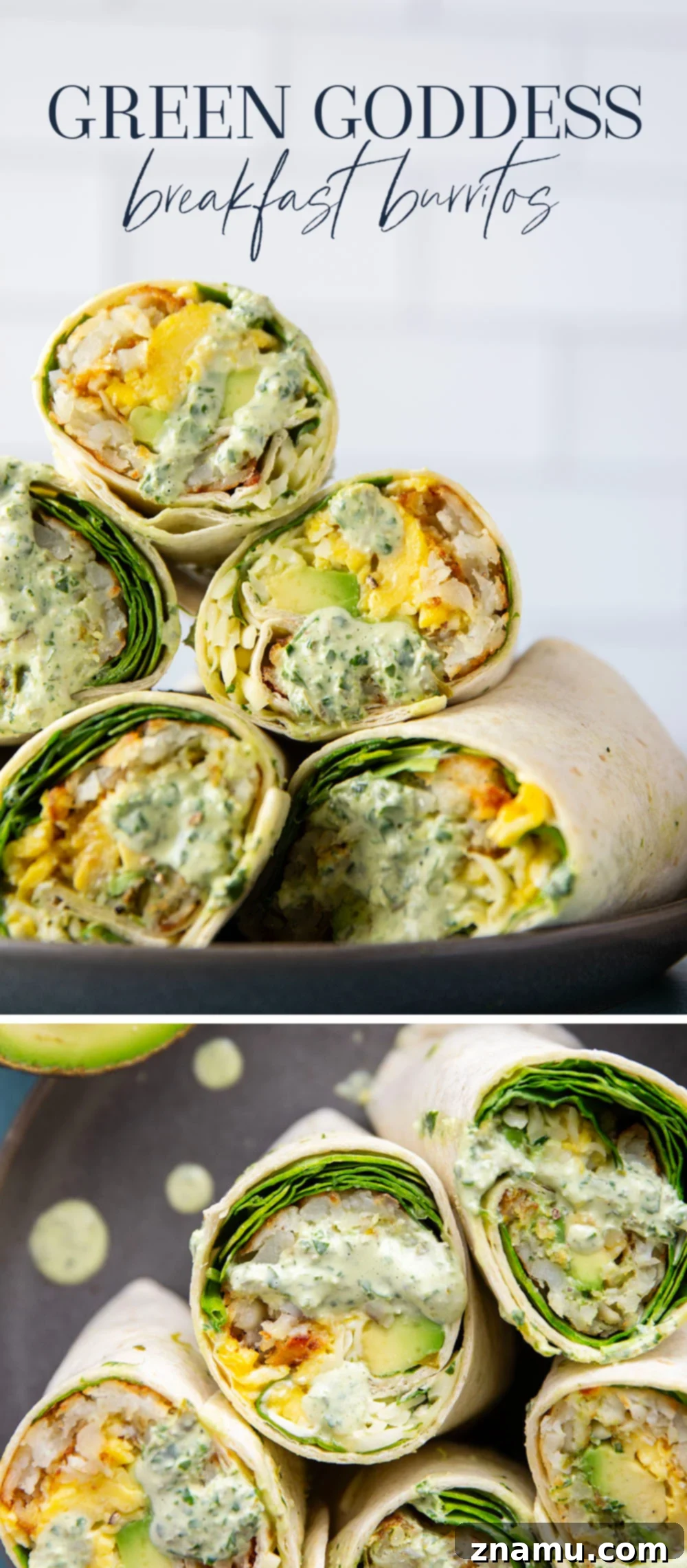 Vibrant Green Goddess Breakfast Burritos 7 A vibrant platter of Green Goddess Breakfast Burritos, perfectly wrapped and sliced.
