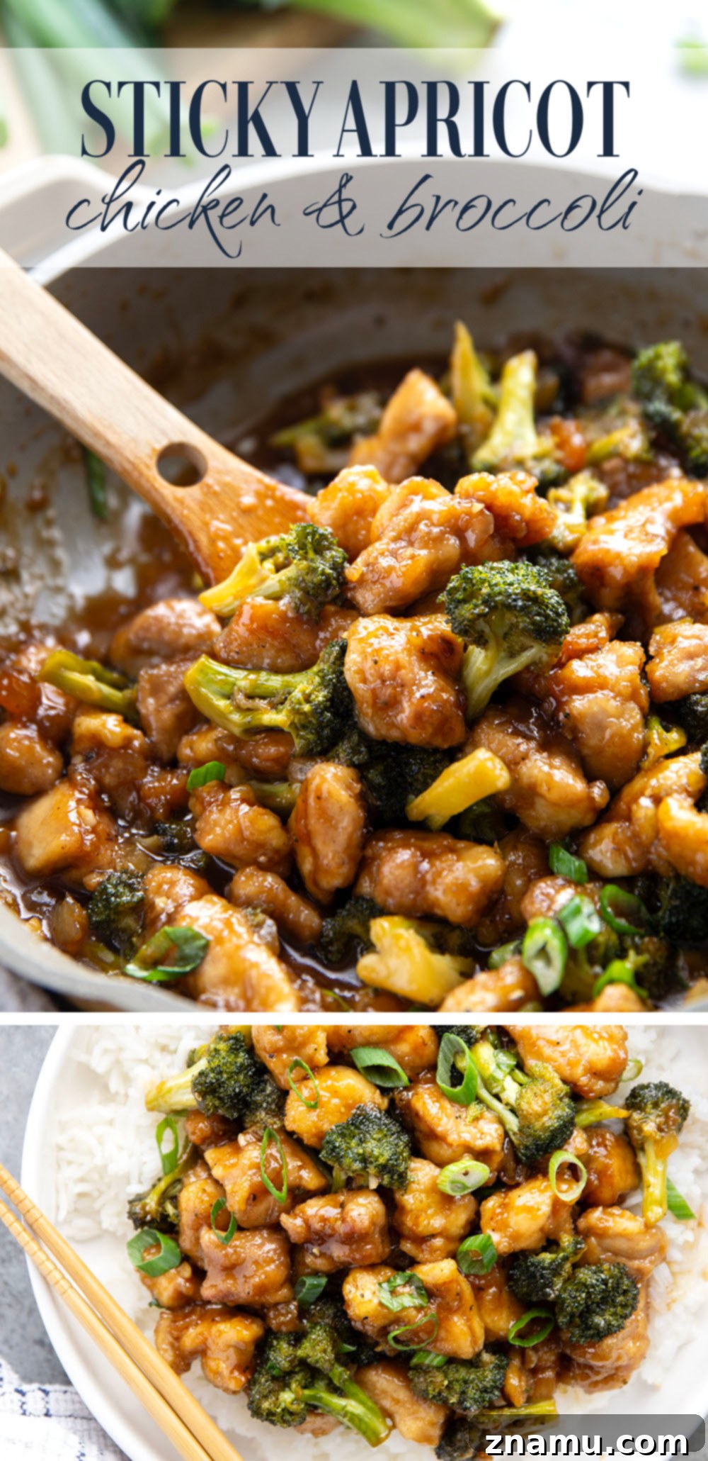 Sweet and Sticky Apricot Chicken with Broccoli 7 Perfectly crispy, packed with tender broccoli, and coated in a sweet and sticky apricot sauce, this apricot chicken is an easy one-pan dinner that's ready in only 40 minutes!