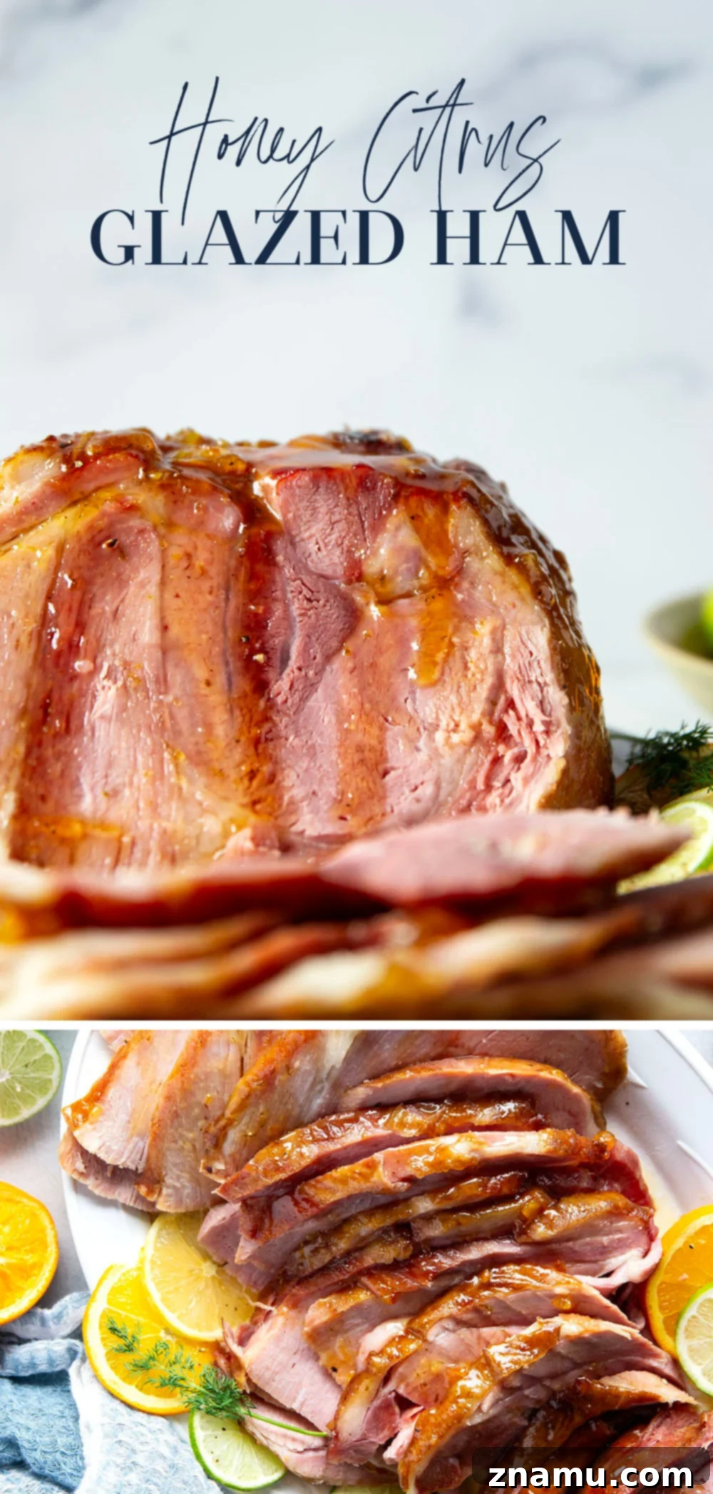 Sweet and Tangy Glazed Ham 7 Overhead shot of the cooked honey citrus glazed ham, showcasing its golden brown crust and sliced presentation on a rustic cutting board, surrounded by fresh herbs.