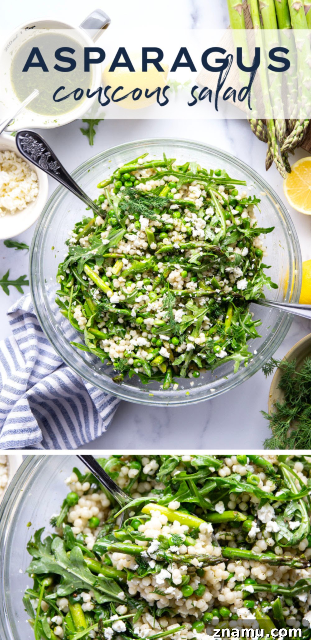 Spring Asparagus Couscous Salad with Zesty Dill Vinaigrette 7 A beautifully presented Asparagus Couscous Salad in a rustic bowl, garnished with fresh herbs, ready to be served.