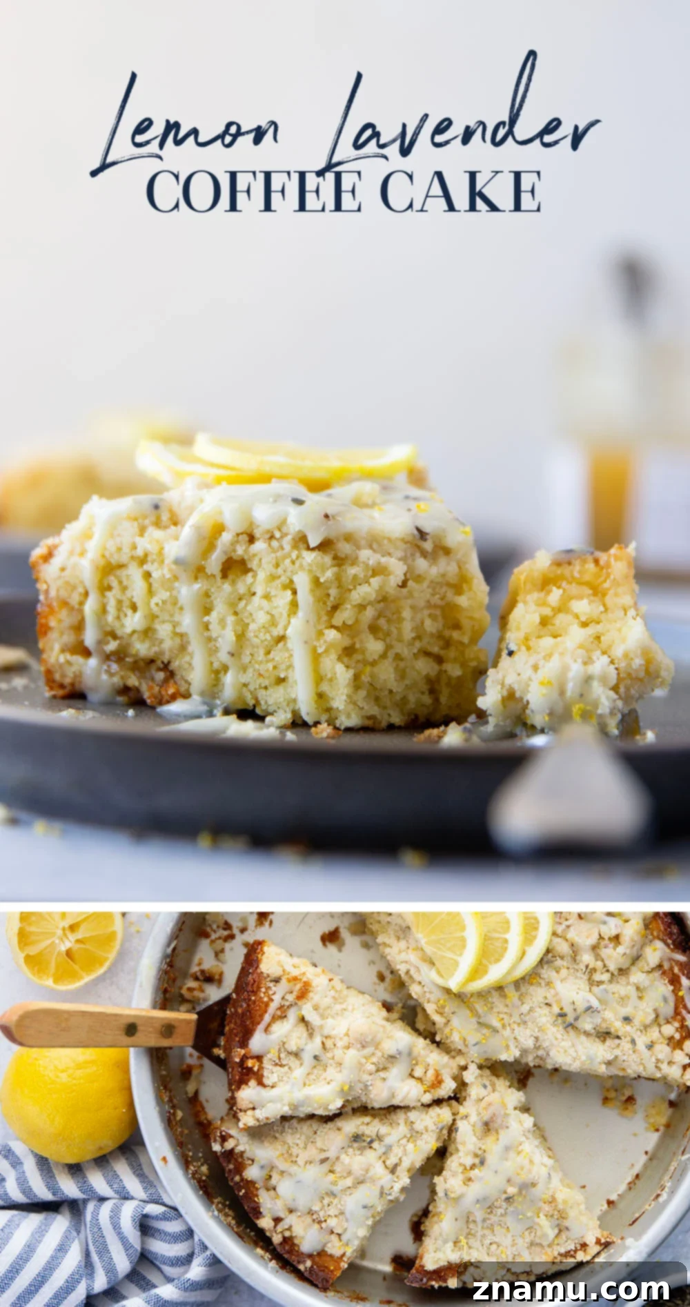 Morning Lavender Lemon Cake 7 Overhead shot of the entire Lavender Lemon Coffee Cake, garnished and ready to be served.