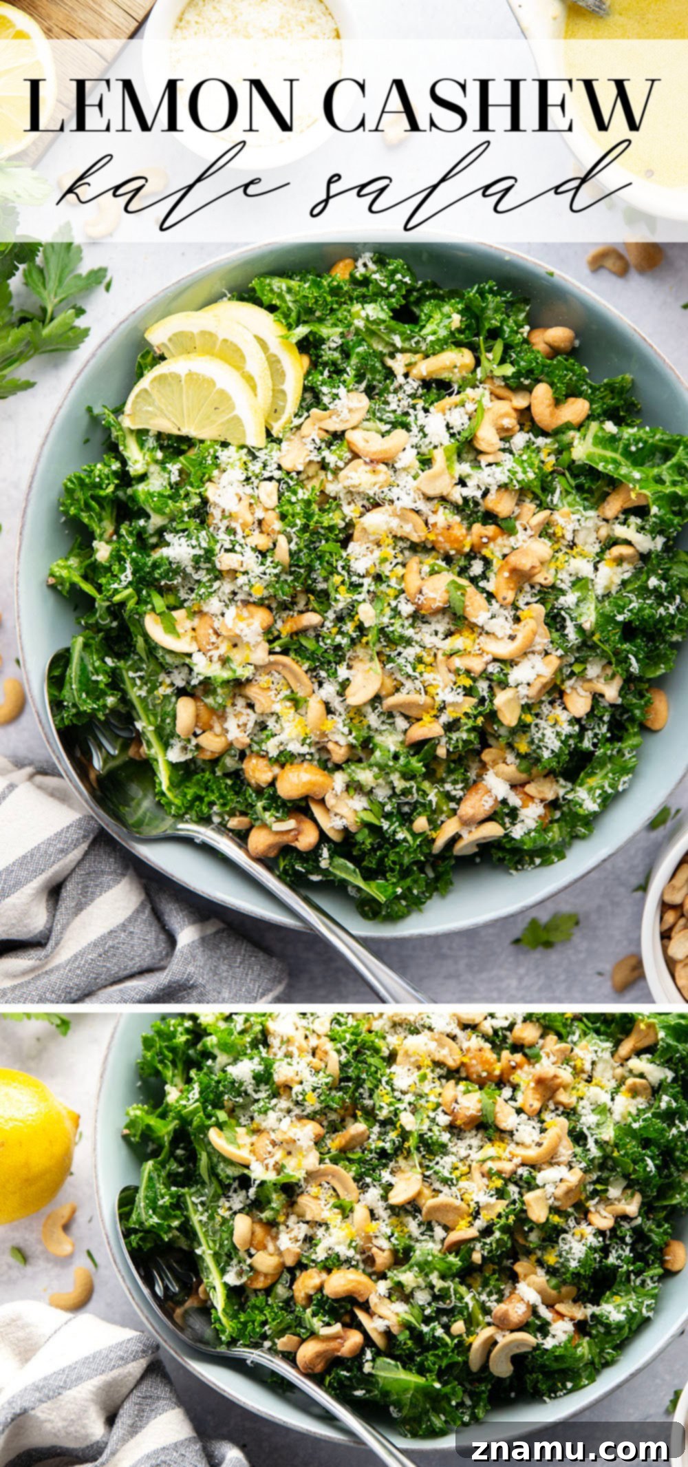 Lemon Kissed Asiago Cashew Kale 7 A beautifully presented Asiago Lemon Cashew Kale Salad in a serving bowl, garnished with extra lemon slices and fresh herbs.