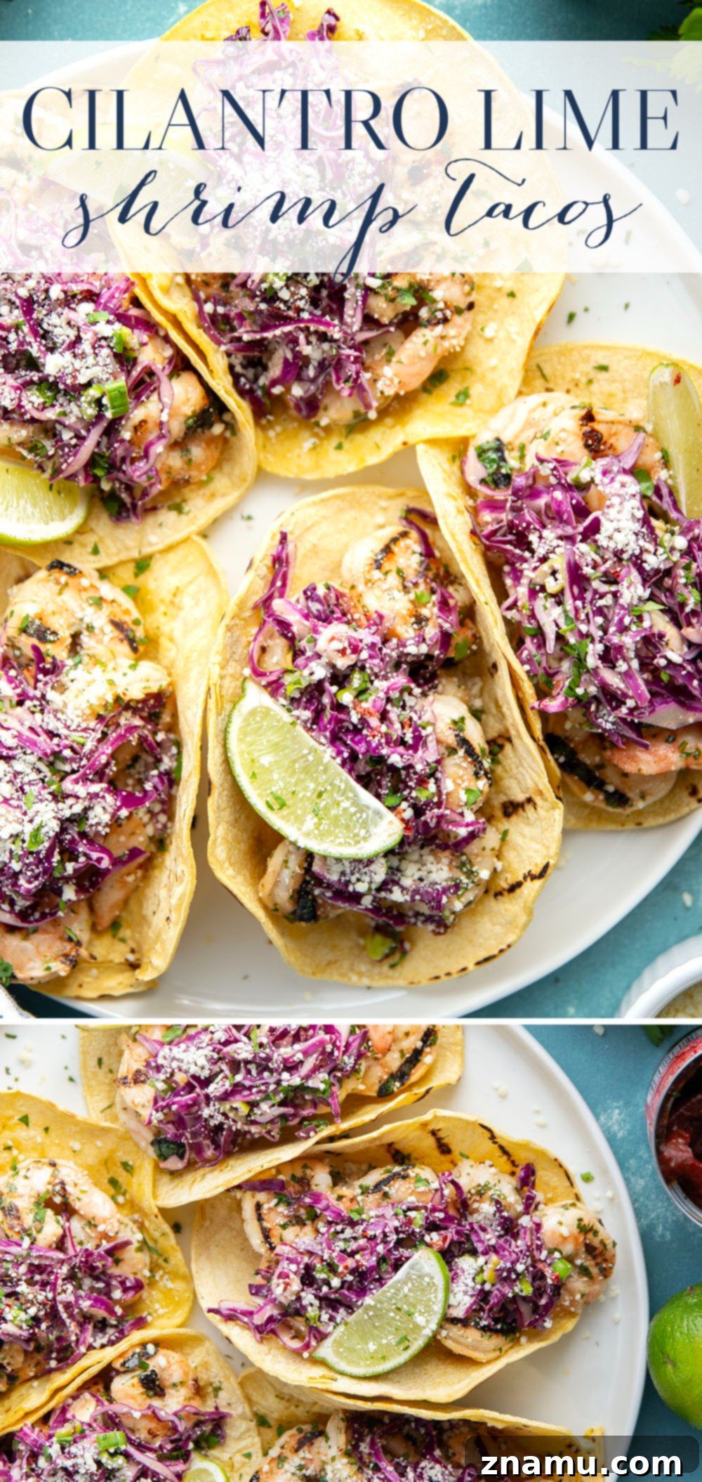 Sizzling Cilantro Lime Shrimp Tacos with Smoky Chipotle Slaw 6 A vibrant overhead shot of three grilled cilantro lime shrimp tacos on a wooden board, with ingredients scattered around.