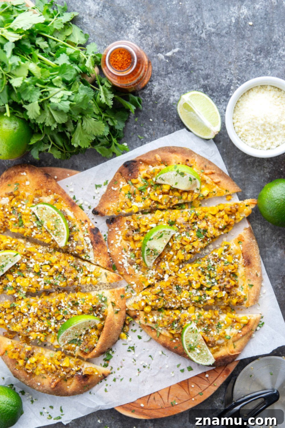 Elote Flatbread 2 Delicious Mexican Street Corn Flatbread topped with cotija cheese, cilantro, and fresh lime