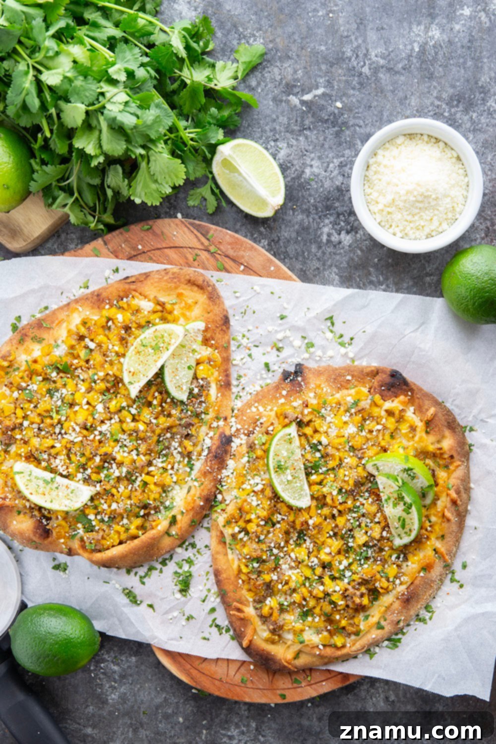 Elote Flatbread 4 Freshly baked Mexican Street Corn Flatbread ready to be garnished
