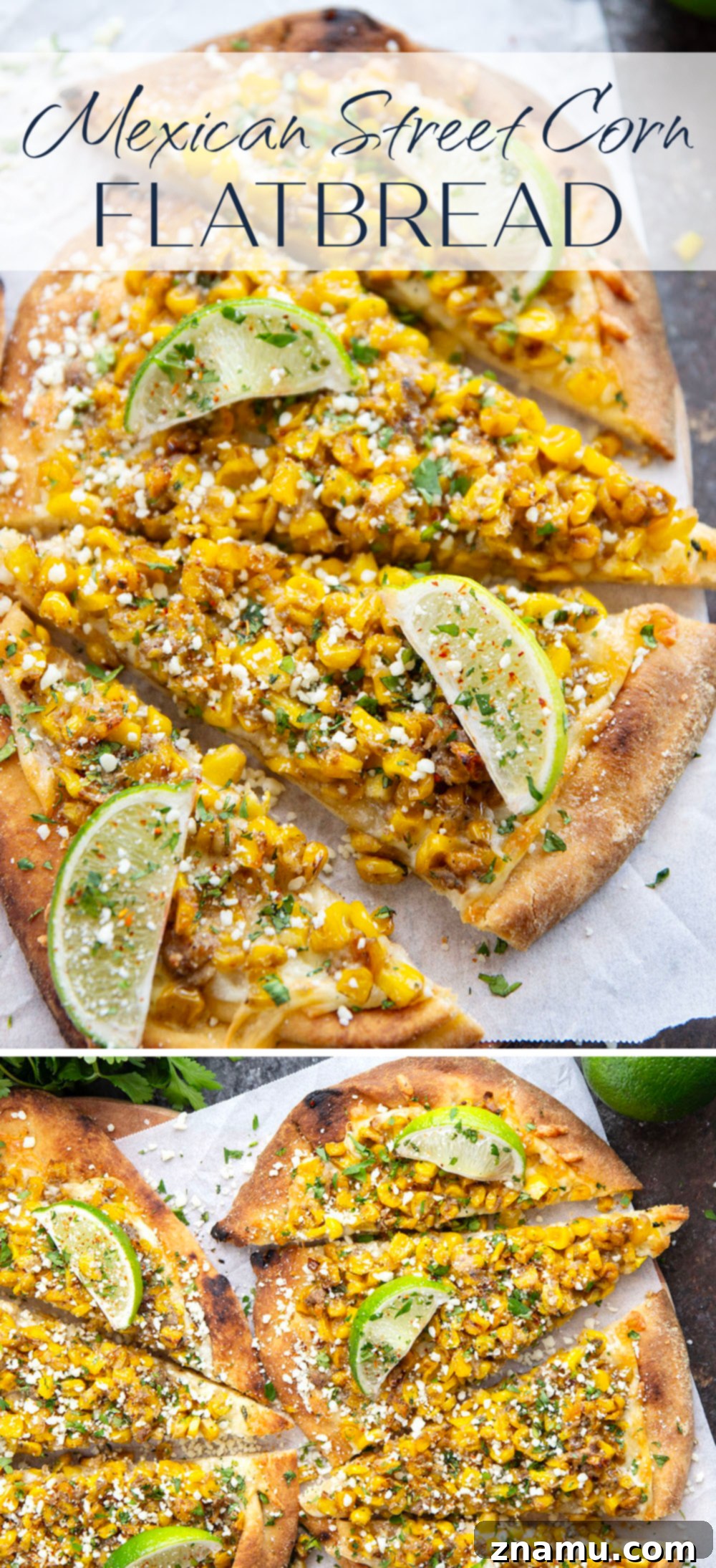 Elote Flatbread 7 Overhead shot of two Mexican Street Corn Flatbreads on a wooden board