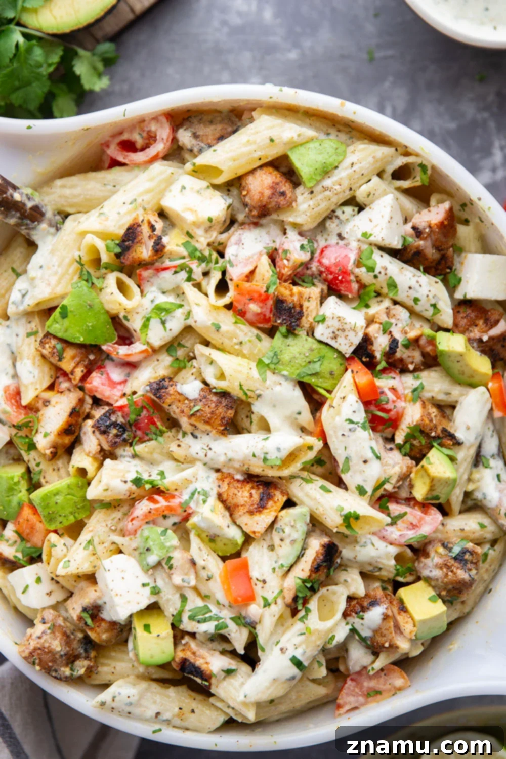 A vibrant, delicious Blackened Chicken Avocado Pasta Salad with colorful vegetables and creamy dressing, perfect for summer gatherings.