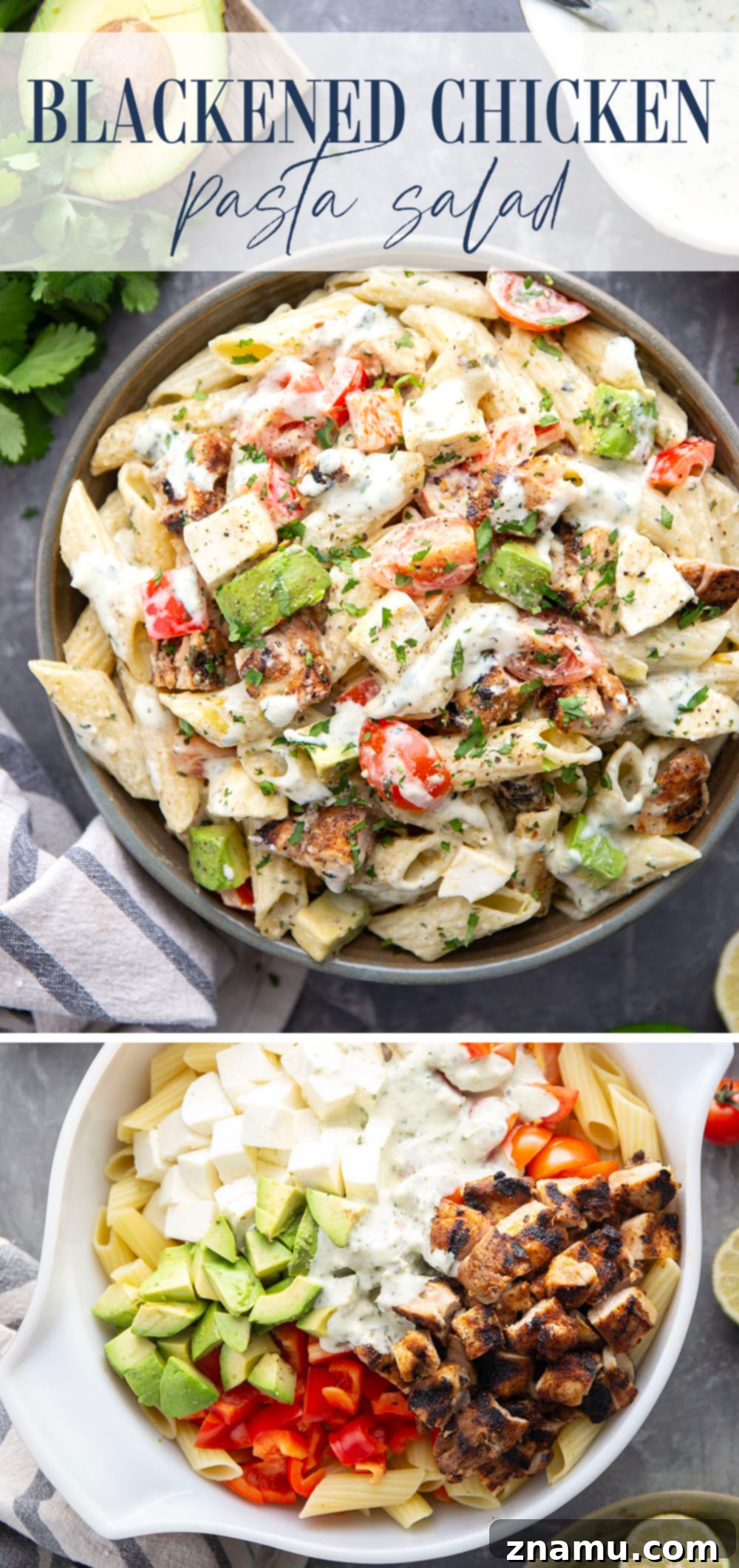A beautiful, close-up full bowl of Blackened Chicken Avocado Pasta Salad, vibrant and fresh.
