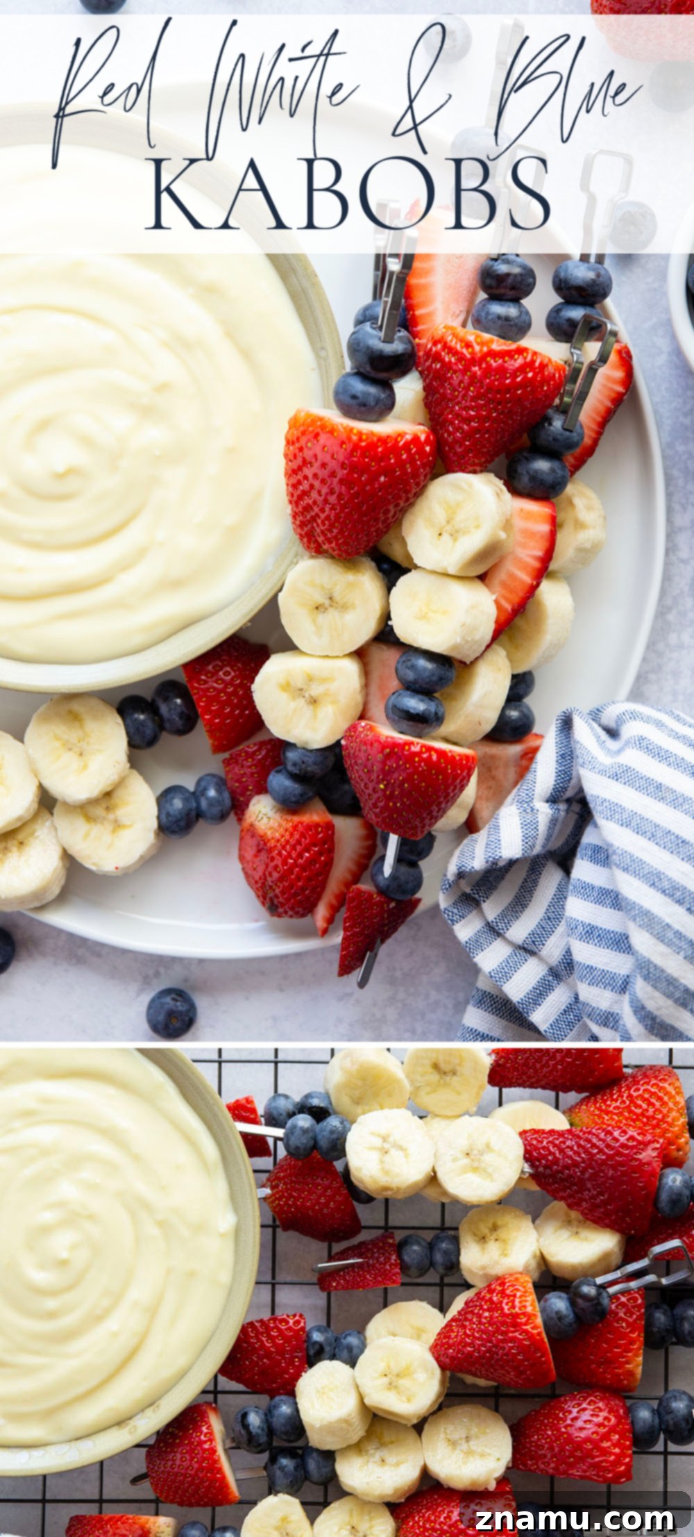 Patriotic Fruit Skewers with Creamy Vanilla Dip 7 Overhead shot of patriotic fruit skewers and dip on a wooden board.
