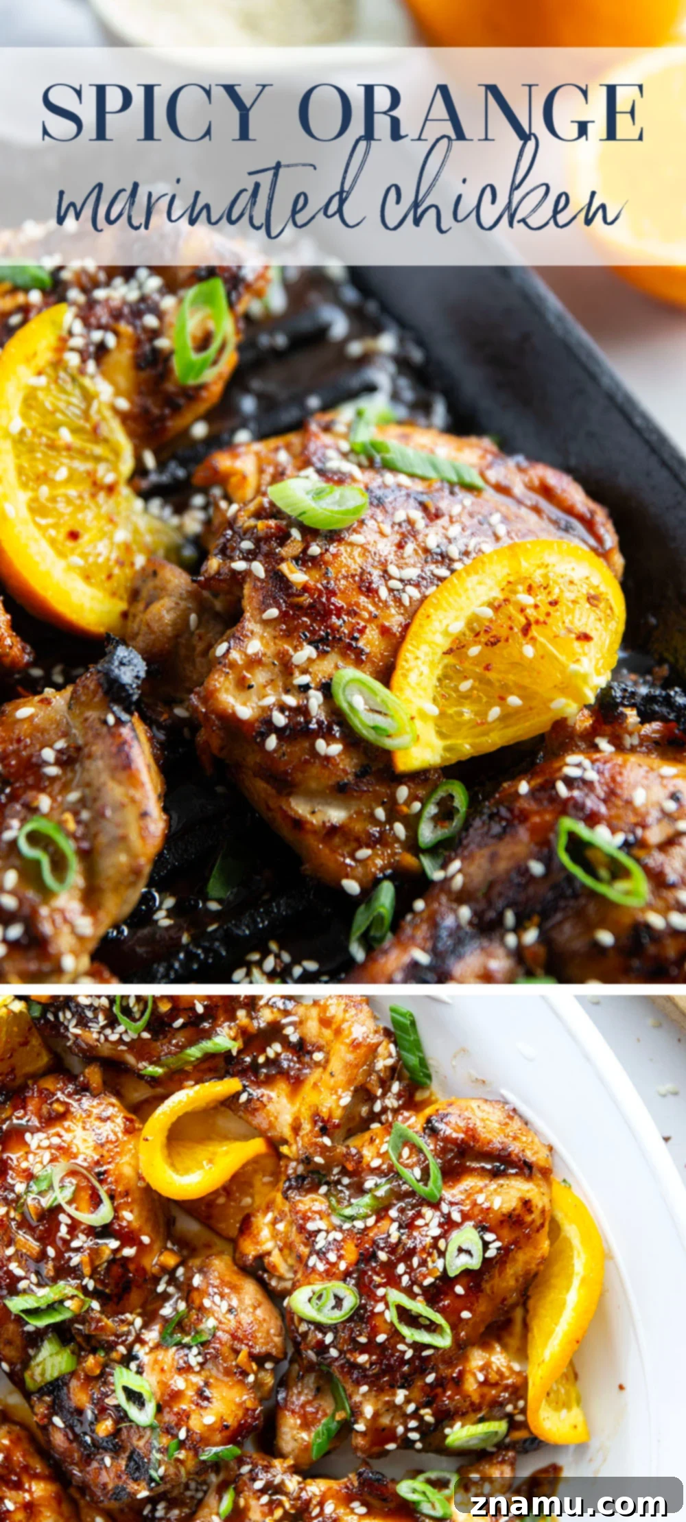Fiery Orange Glazed Chicken 7 Marinated in a spicy fresh orange sauce and grilled to smoky perfection, this orange marinated chicken will quickly become a cookout favorite.
