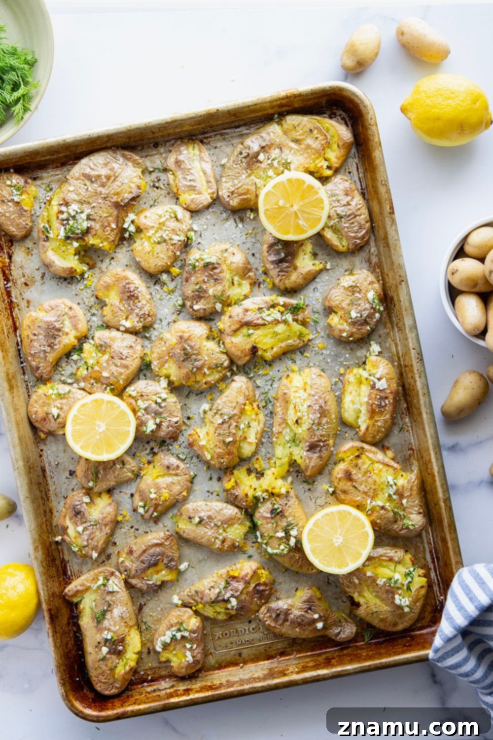 Crispy Lemon Dill Smashed Potatoes 3 These smashed fingerling potatoes feature roasted fingerling potatoes smashed and broiled until crispy and then drizzled with a fresh lemon dill sauce.