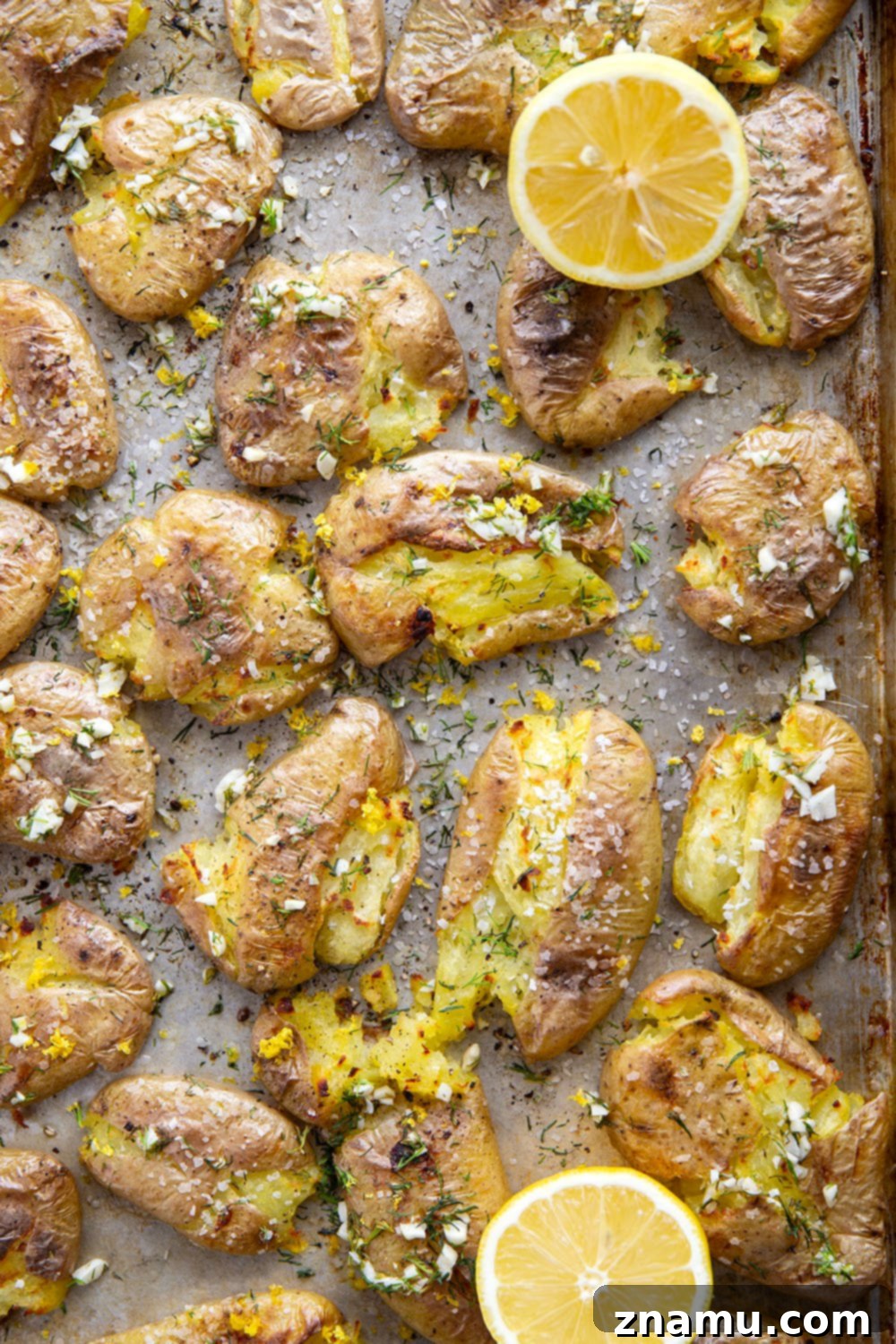 Crispy Lemon Dill Smashed Potatoes 6 These smashed fingerling potatoes feature roasted fingerling potatoes smashed and broiled until crispy and then drizzled with a fresh lemon dill sauce.