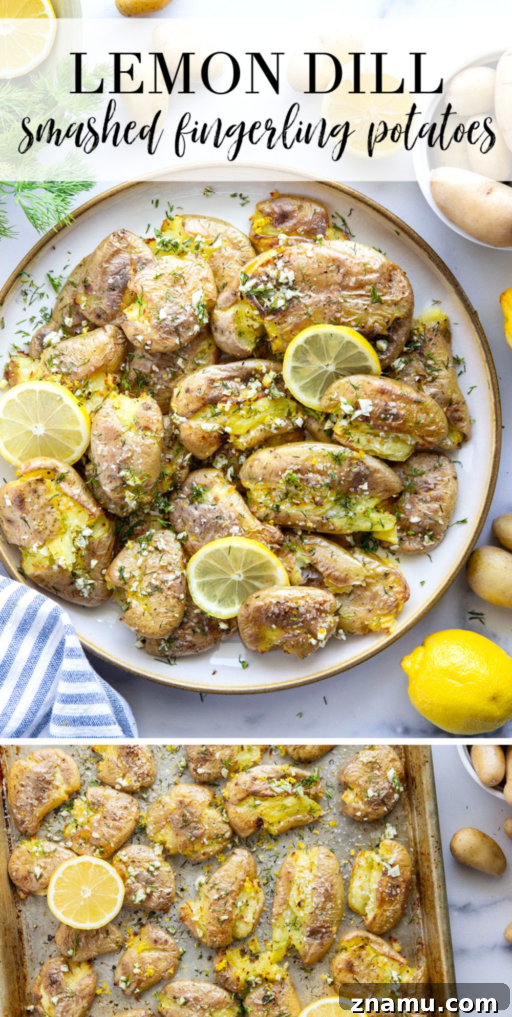 Crispy Lemon Dill Smashed Potatoes 7 These smashed fingerling potatoes feature roasted fingerling potatoes smashed and broiled until crispy and then drizzled with a fresh lemon dill sauce.