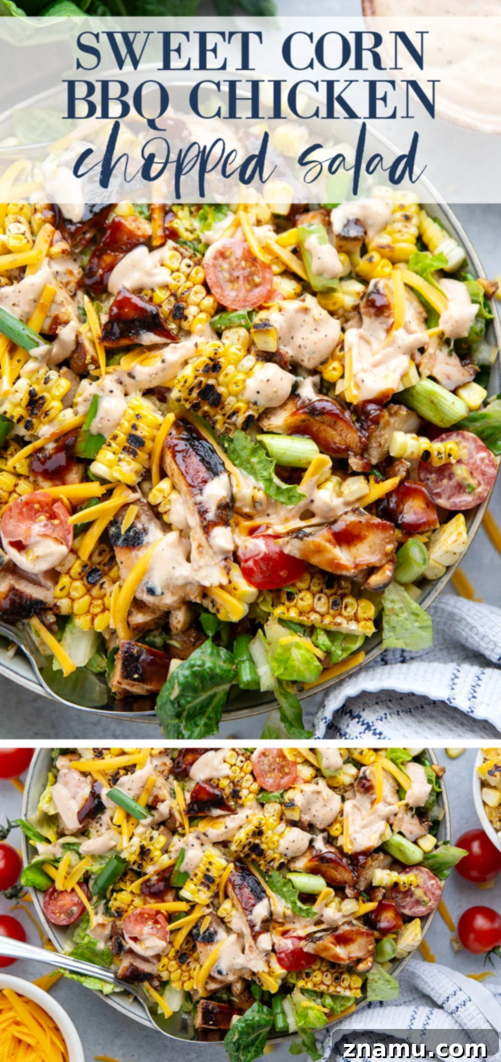 Another mouth-watering angle of the Grilled Sweet Corn BBQ Chicken Chopped Salad in a large bowl.