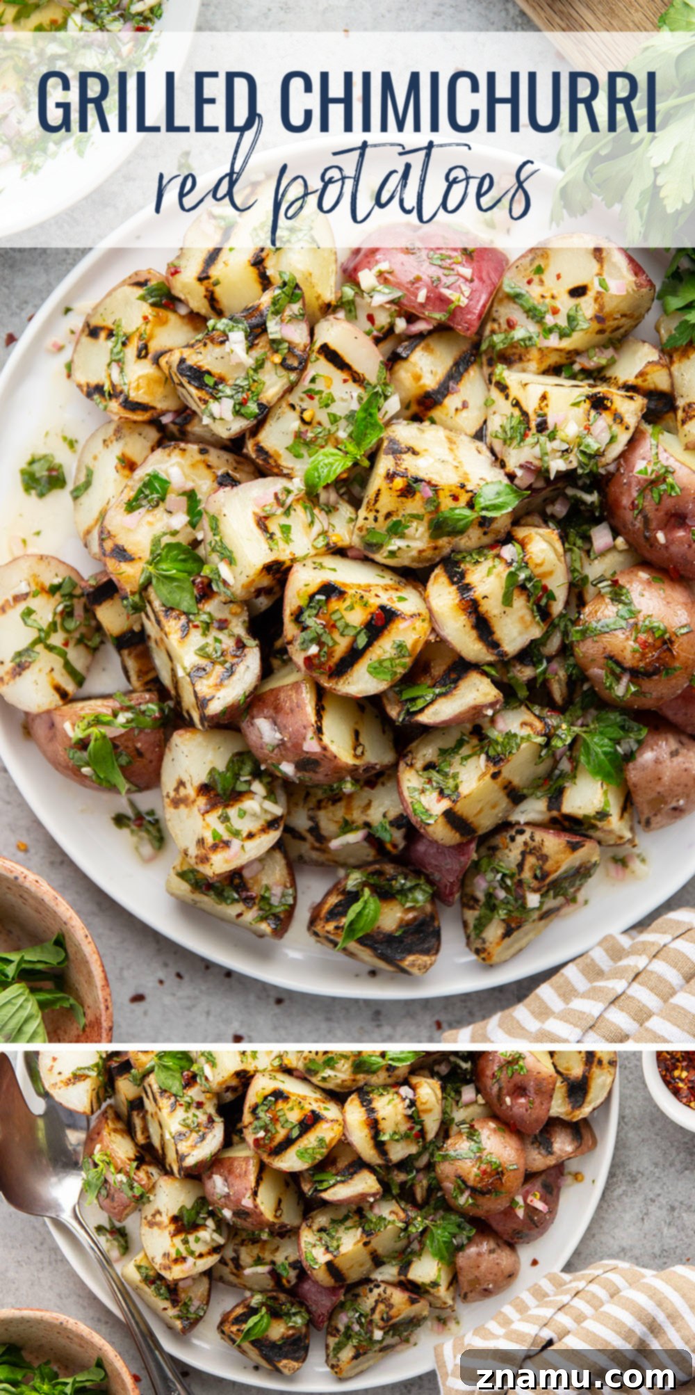 Grilled Red Potatoes with Chimichurri 7 Grilled to smoky, tender perfection and tossed in a fresh herby chimichurri sauce, these grilled chimichurri red potatoes go well with any summer meal!