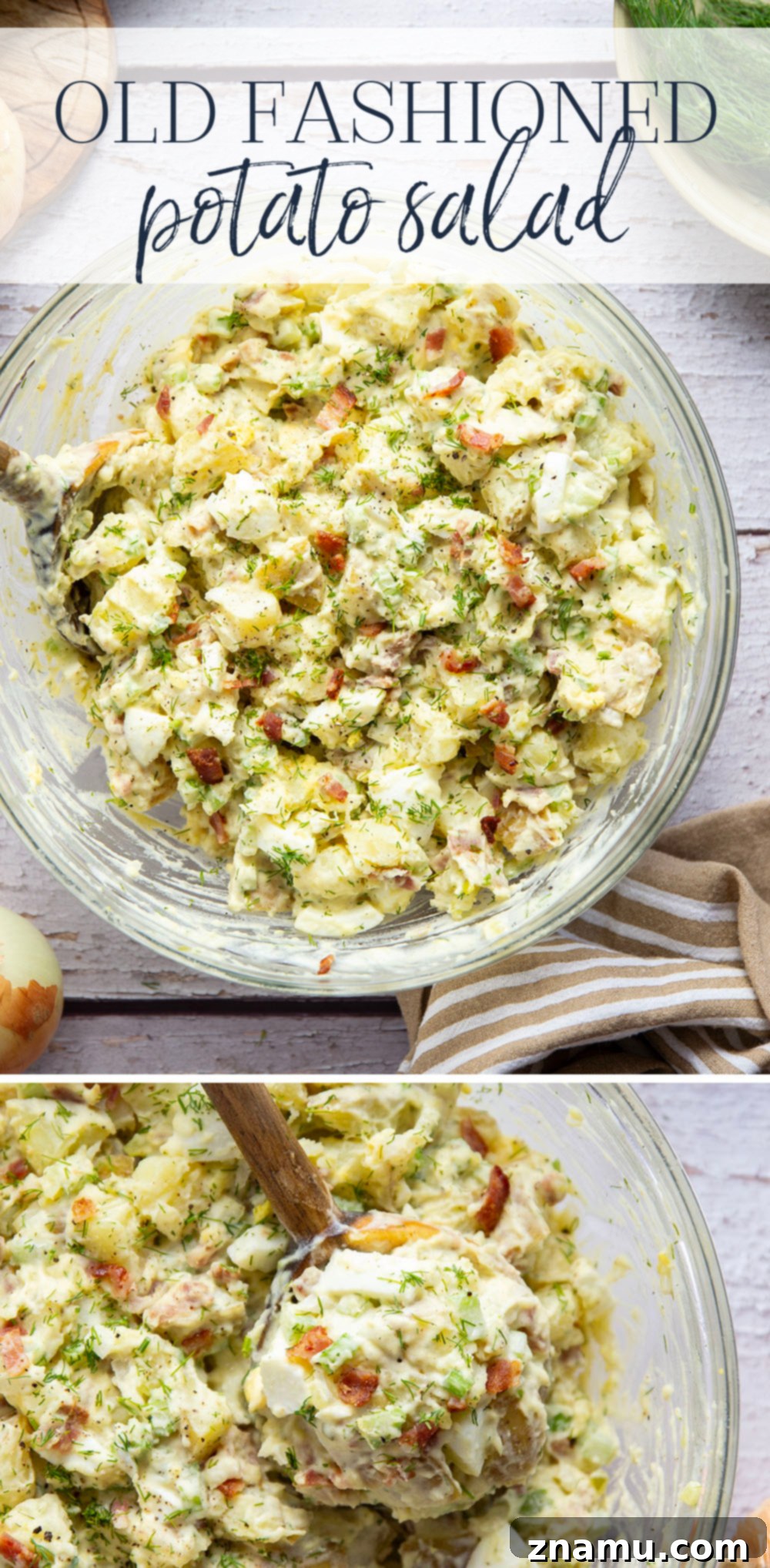 Grandma's Potato Salad 7 An overhead shot of the Old Fashioned Potato Salad with a serving spoon, showcasing its inviting texture and mix-ins like hard-boiled eggs and celery.