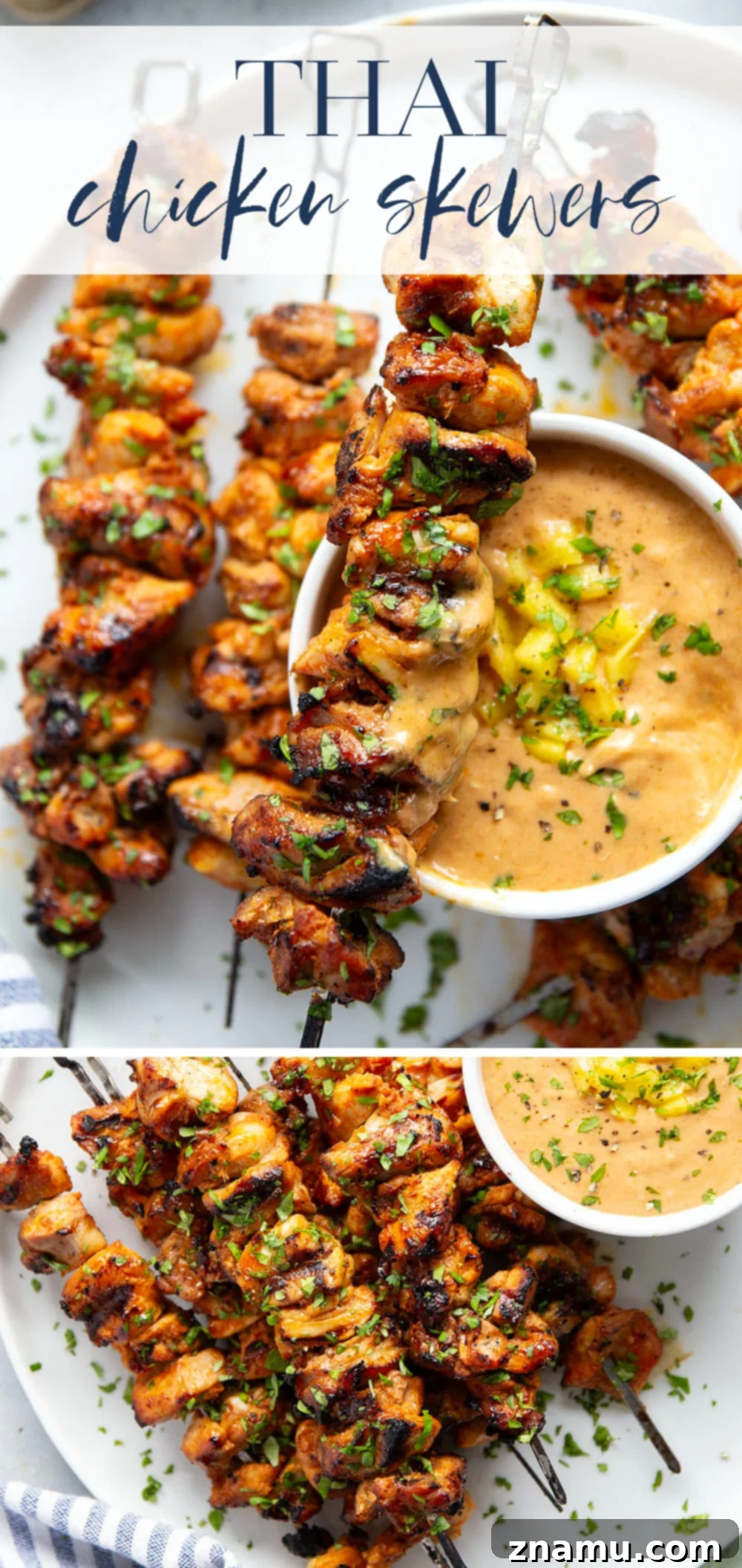 Mango Glazed Thai Chicken Skewers 7 A close-up of Thai chicken skewers drizzled with mango sauce and fresh cilantro.