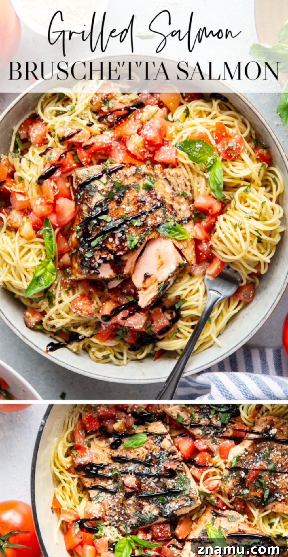 Mediterranean Grilled Salmon Bruschetta Pasta 7 Overhead shot of a large serving platter filled with Grilled Salmon Bruschetta Pasta, garnished with fresh basil leaves and parmesan cheese.