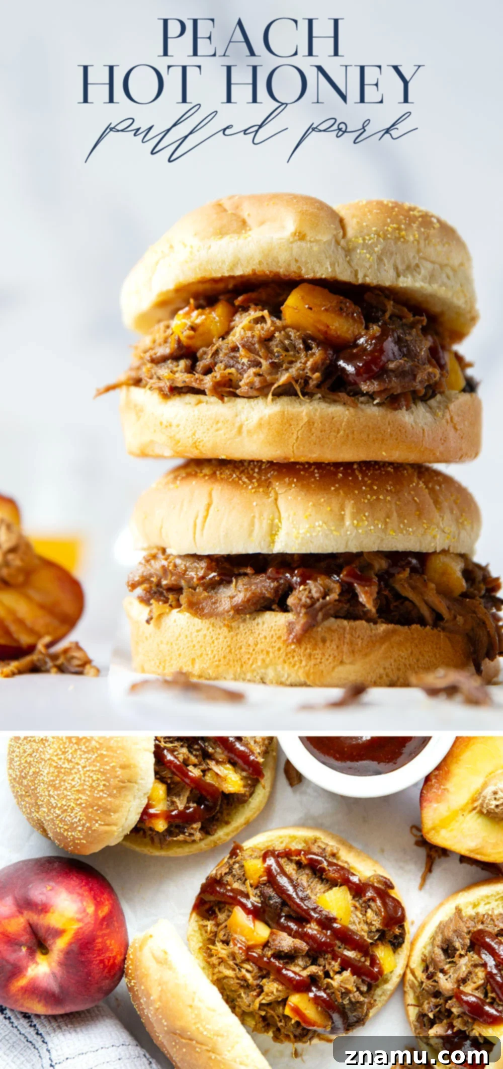 Sweet Heat Peach Pulled Pork 7 Slowly braised in sweet peaches and spicy hot honey, this peach hot honey pulled pork is fall-apart tender and makes one incredible sandwich!