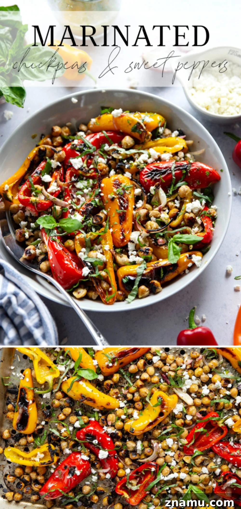 Zesty Grilled Chickpea and Sweet Pepper Medley 7 Close-up of a serving of grilled marinated chickpeas and sweet peppers in a rustic bowl, with a fork ready to enjoy.