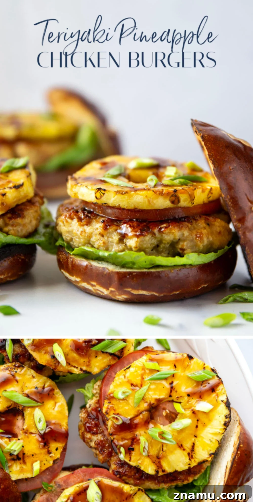 These teriyaki pineapple chicken burgers feature juicy chicken patties brushed with a homemade teriyaki sauce and grilled alongside sweet pineapple rings all piled into an unforgettable burger!