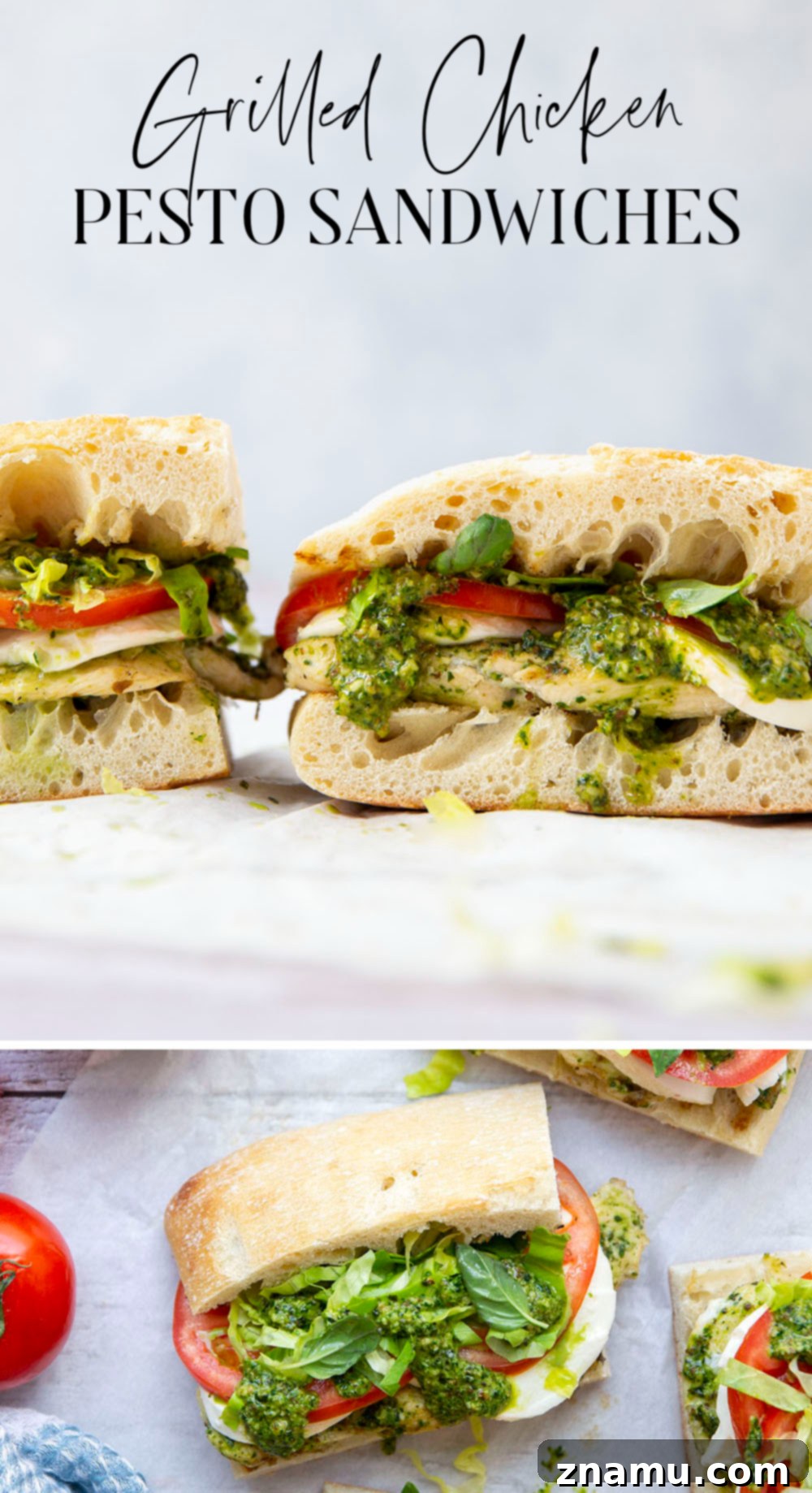 These sandwiches feature smoky pesto grilled chicken sandwiched between soft ciabatta bread with lots of fresh tomato and mozzarella.