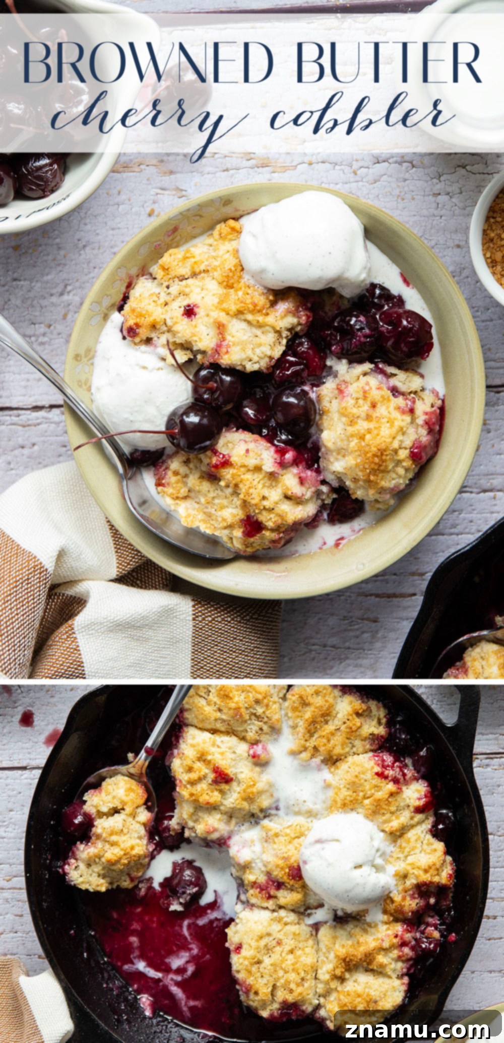 Sweet Cherry & Toasted Butter Cobbler 7 Close-up of the browned butter biscuit topping on a cherry cobbler.