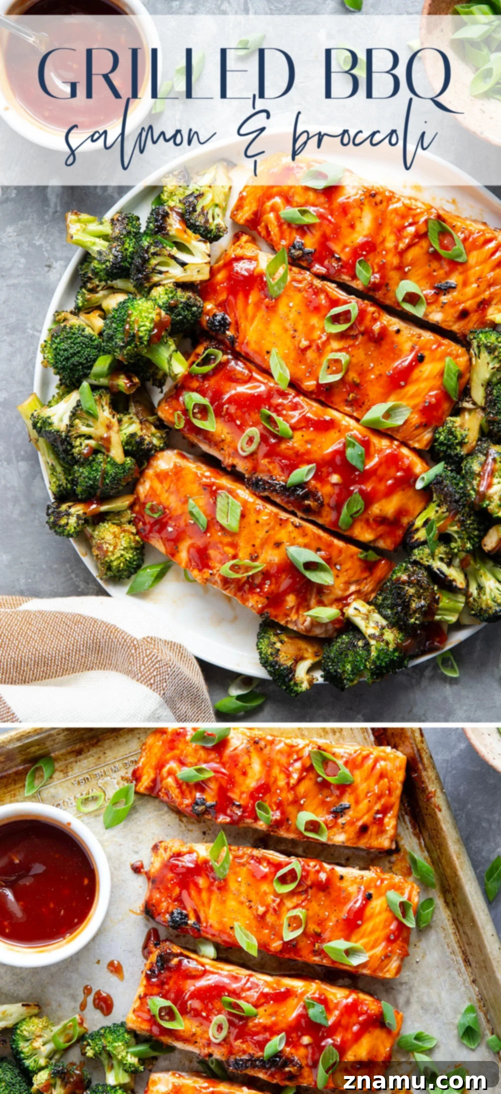Smoky BBQ Salmon with Crisp Broccoli 7 Brushed in a sweet homemade barbecue sauce and grilled alongside broccoli, this grilled BBQ salmon is ready in only 30 minutes and great served alongside steamed rice.