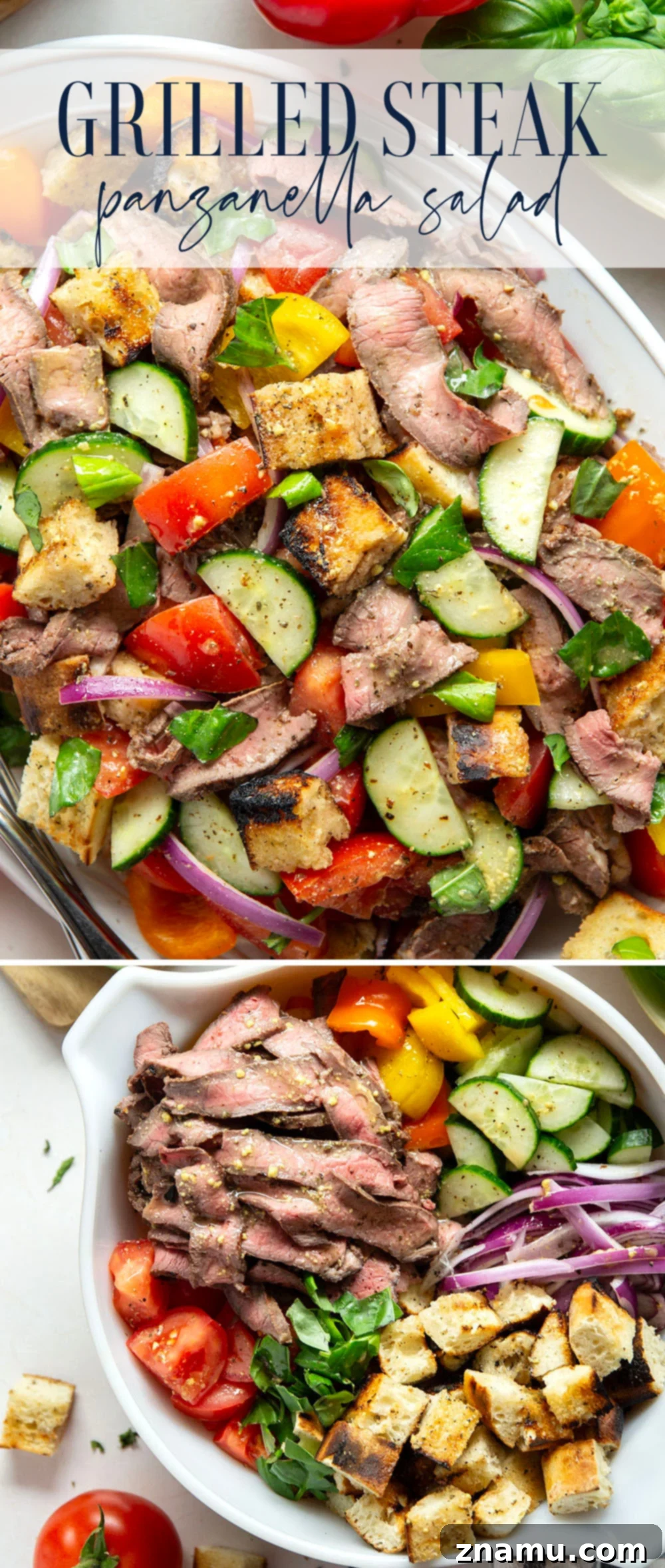 Savory Grilled Steak Panzanella 7 Juicy grilled steak, charred bread cubes, juicy tomatoes, and lots of fresh basil make for the perfect summery meal in this grilled steak panzanella salad.