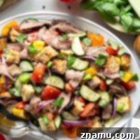 Savory Grilled Steak Panzanella 8 Juicy grilled steak, charred bread cubes, juicy tomatoes, and lots of fresh basil make for the perfect summery meal in this grilled steak panzanella salad.