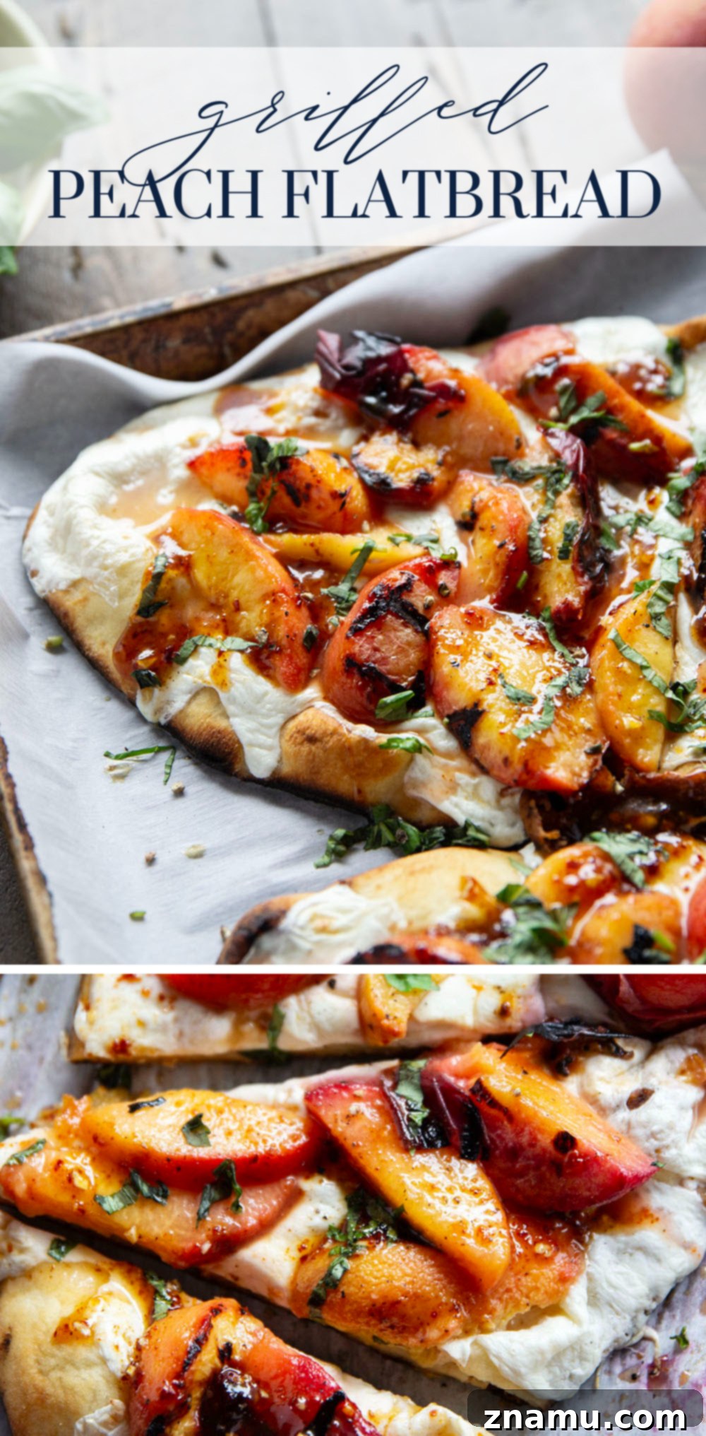 Blistered Peach & Hot Honey Flatbread 7 Smoky grilled peaches and drizzles of sweet and spicy homemade hot honey sauce are the perfect duo in this grilled peach flatbread.