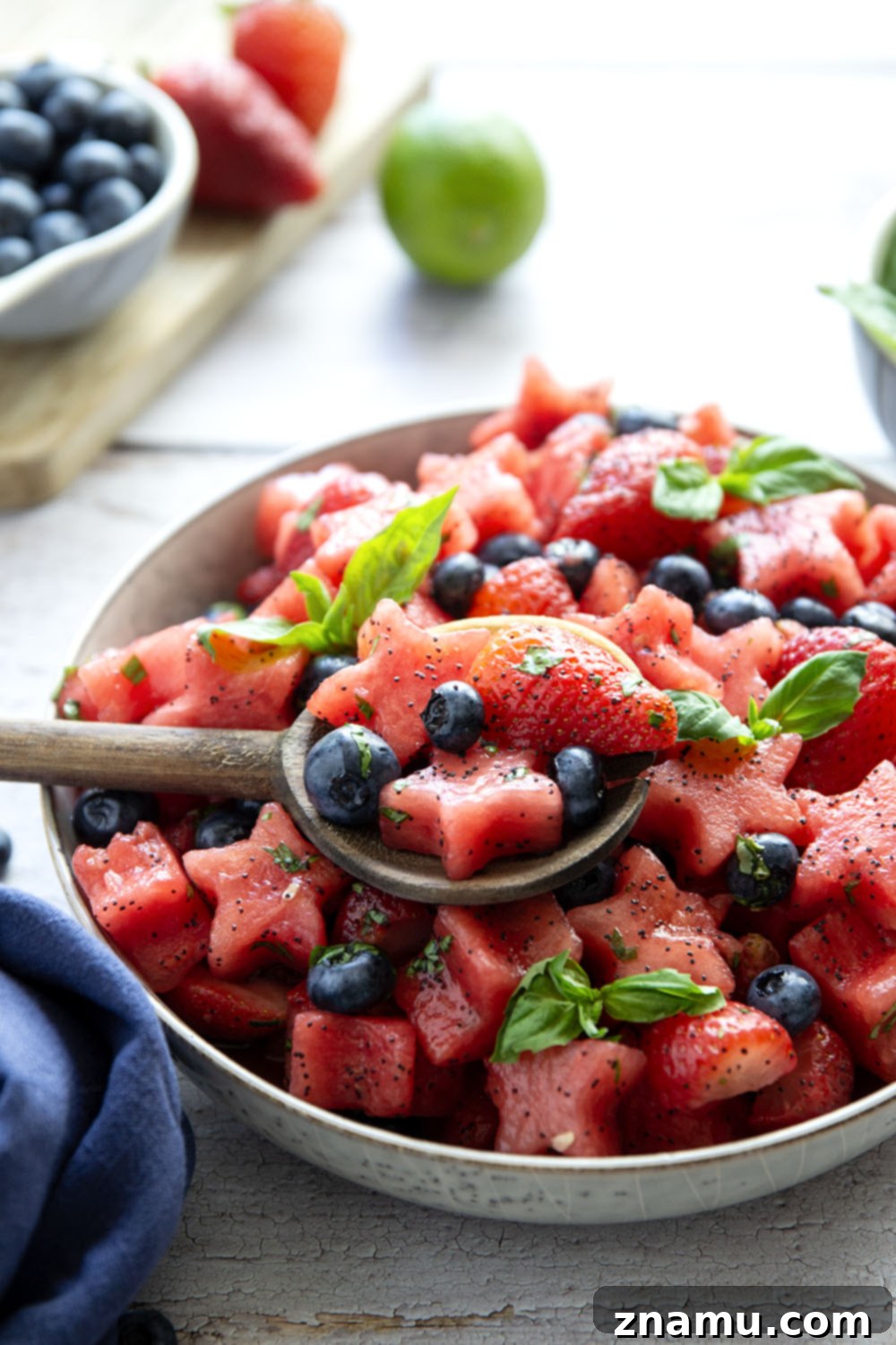Patriotic Berry Medley 5 Fresh, tangy and loaded with tons of fruit, this 4th of July fruit salad will be a favorite side dish at any summer cookout you bring it to!