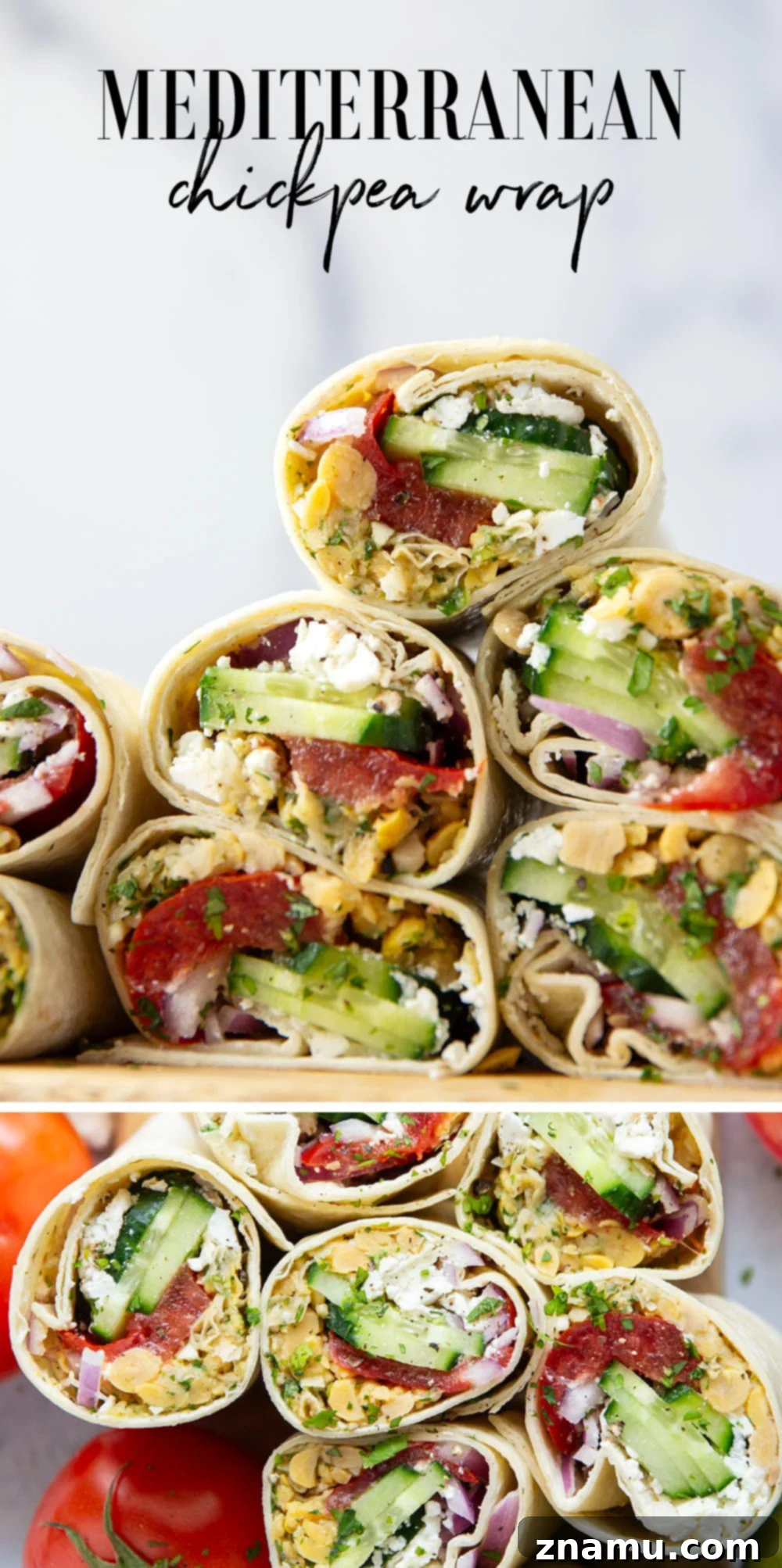 Sun-Drenched Chickpea Roll 7 Lemony herb smashed chickpeas and lots of fresh Mediterranean ingredients make for the best lunch in this Mediterranean chickpea wrap.