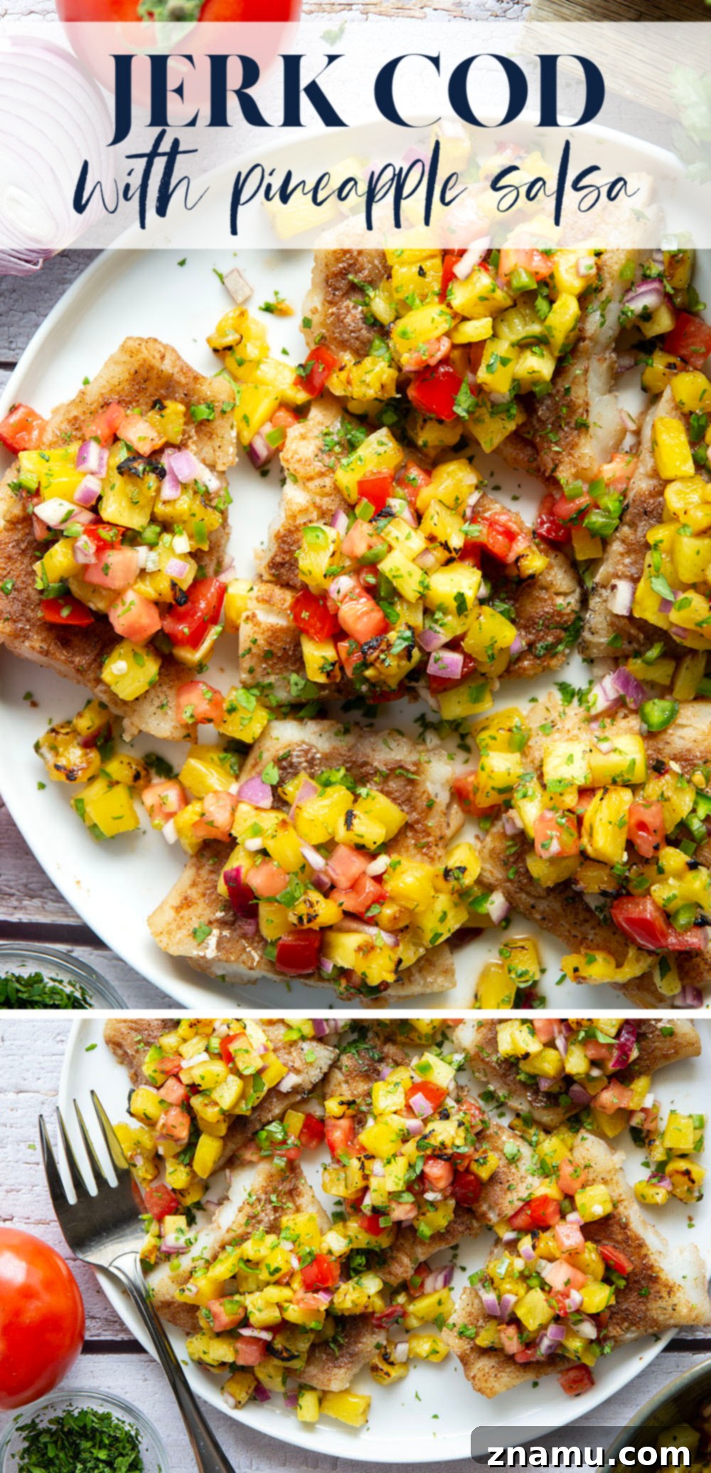 Tropical Jerk Cod with Sweet Pineapple Salsa 7 Full spread of Jerk Cod with pineapple salsa, rice, and fresh limes, showcasing a complete meal.