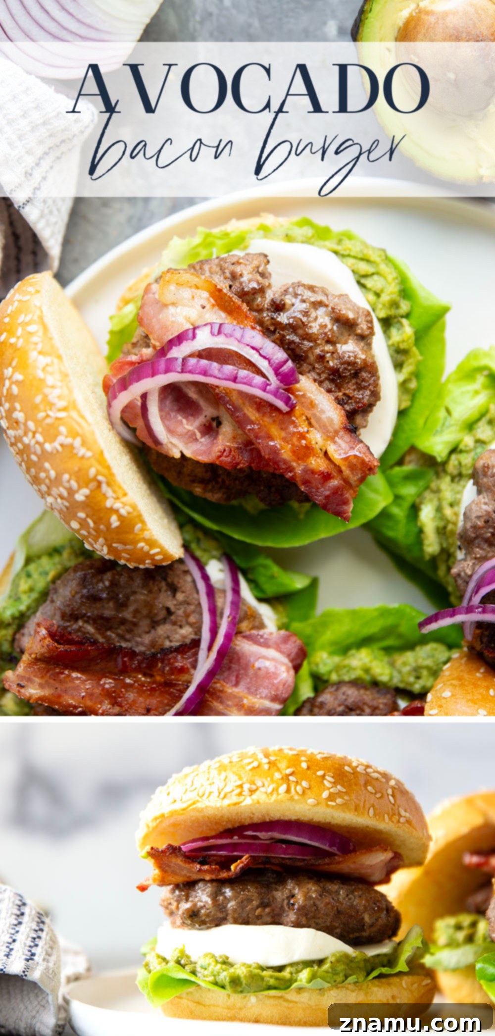 The Ultimate Avocado Bacon Burger 7 These avocado bacon burgers are unbelievably juicy inside and loaded up with crispy bacon, soft mozzarella, and lots of creamy smashed avocado.