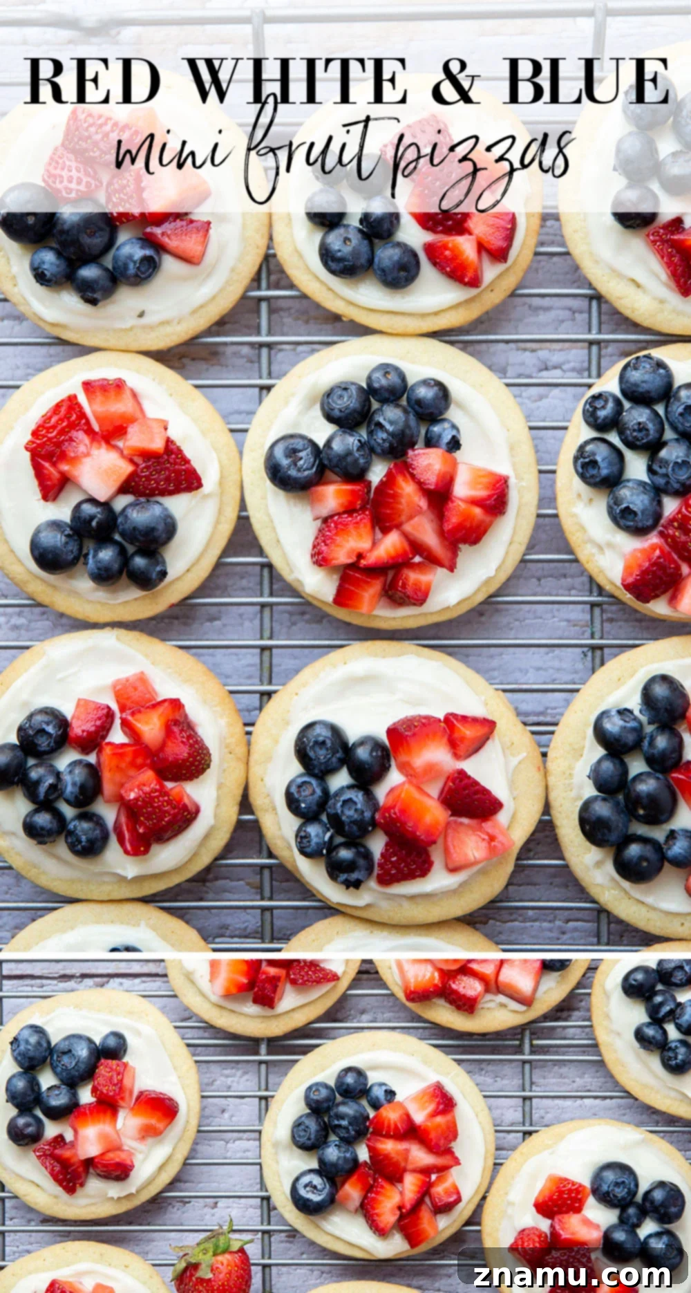 Star-Spangled Fruit Pizza Bites 7 These fruit pizzas feature soft sugar cookies topped with a cream cheese frosting and fresh blueberries and strawberries for a fun 4th of July dessert!