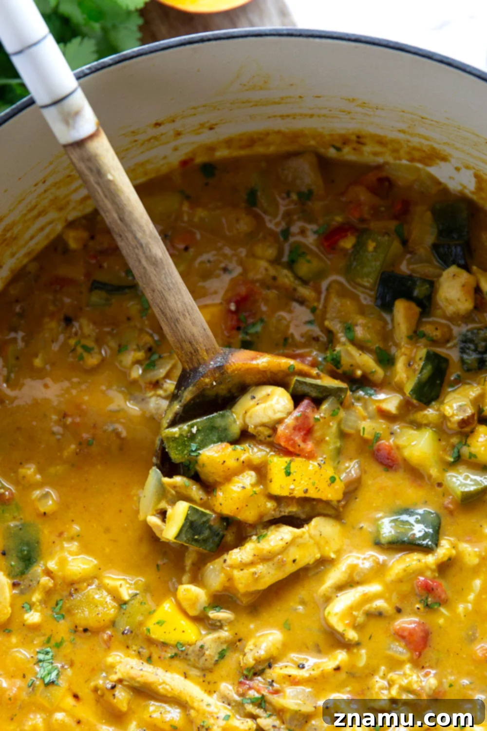 Tropical Zucchini Mango Chicken Curry 3 This mango chicken curry features tender chicken and lots of zucchini simmered in a flavorful fresh mango coconut curry sauce.