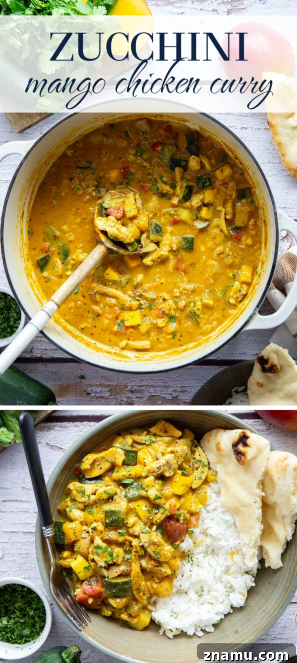 Tropical Zucchini Mango Chicken Curry 7 This mango chicken curry features tender chicken and lots of zucchini simmered in a flavorful fresh mango coconut curry sauce.
