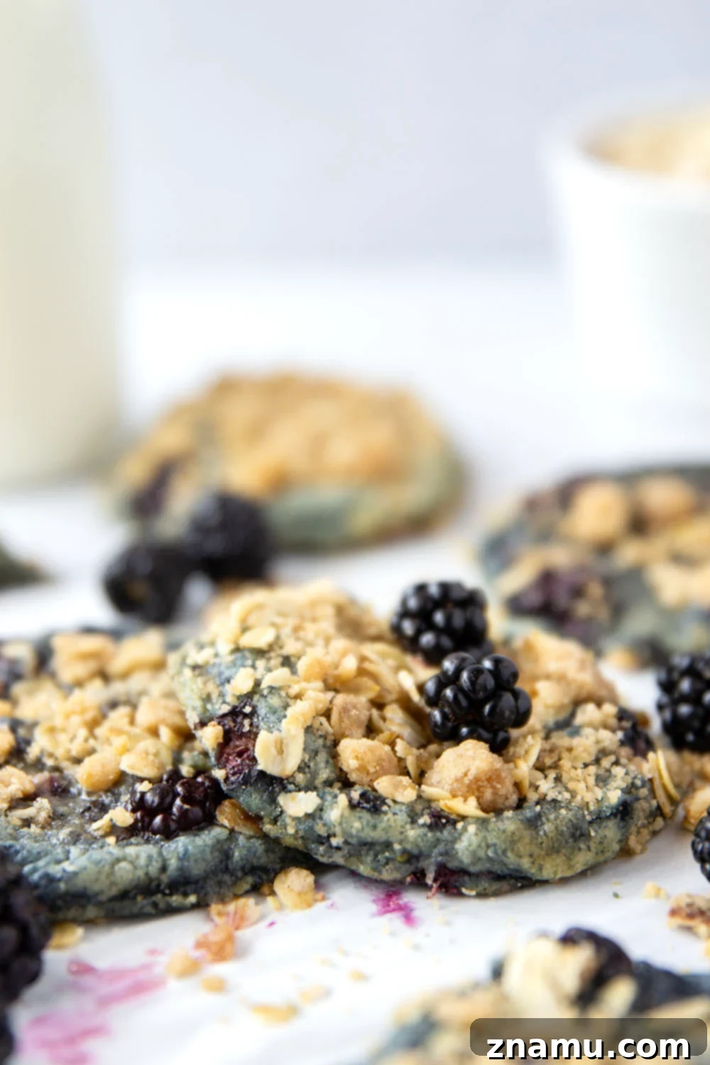 Crumbly Blackberry Streusel Delights 4 Freshly baked Streusel Blackberry Cookies cooling on a wire rack