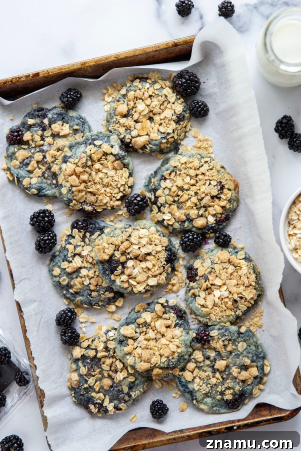 Crumbly Blackberry Streusel Delights 6 Stack of Streusel Blackberry Cookies on a plate, showing the juicy blackberries and streusel