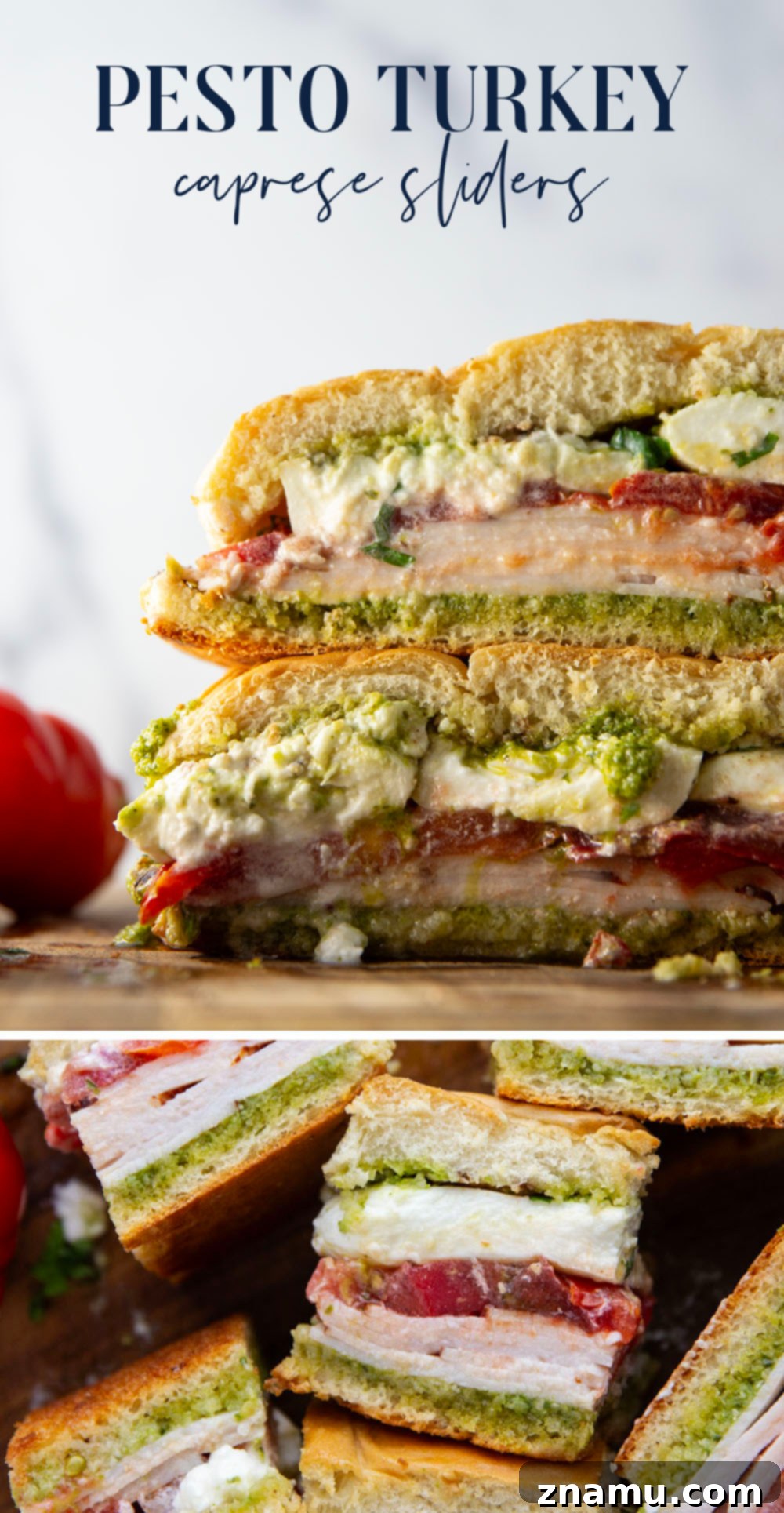 Fresh Pesto Turkey Caprese Sliders 7 Overhead shot of Pesto Turkey Caprese Sliders, showcasing the top buns and fresh basil garnish.