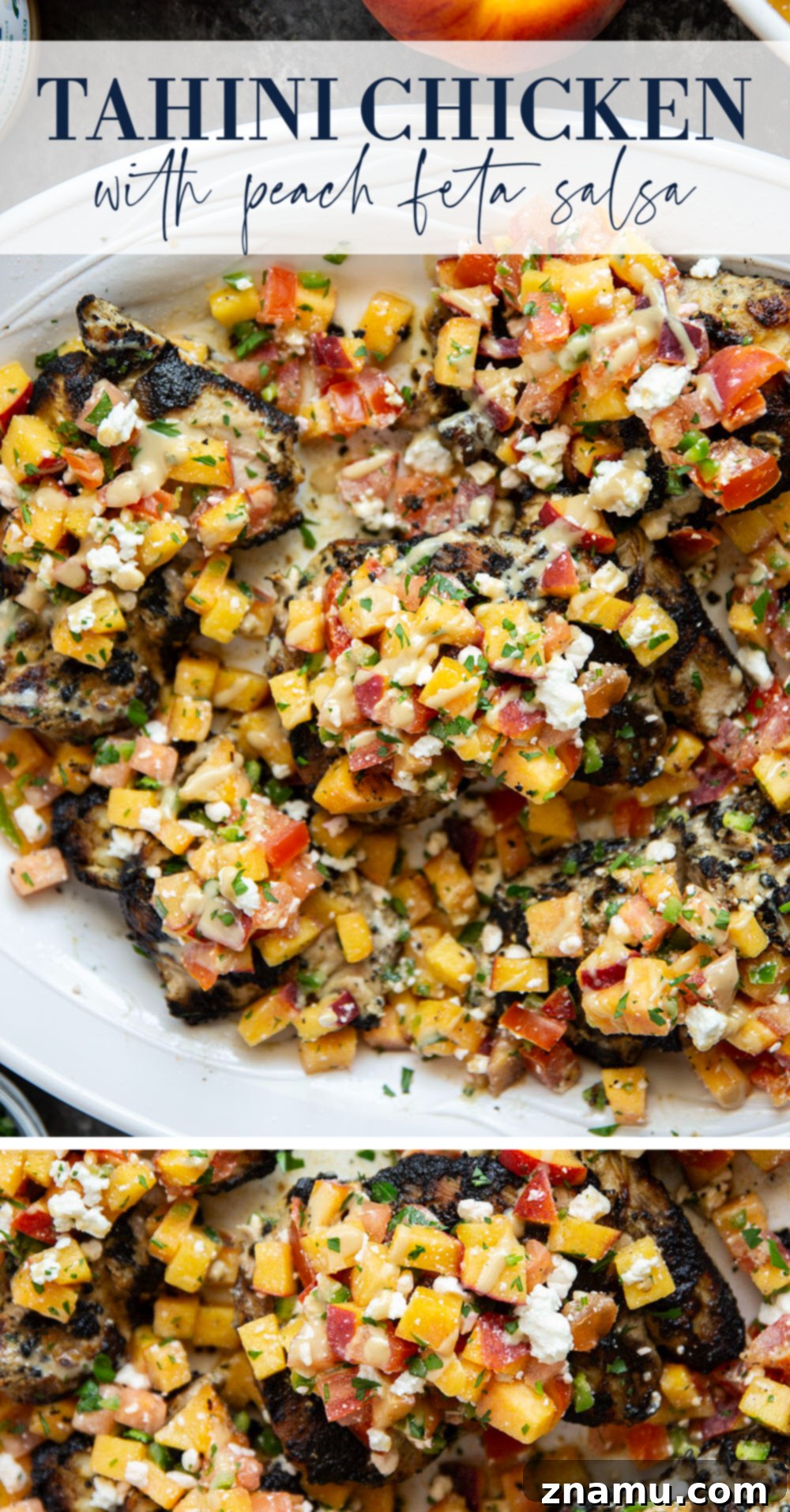 A beautifully plated serving of grilled tahini chicken with peach feta salsa, ready to be enjoyed