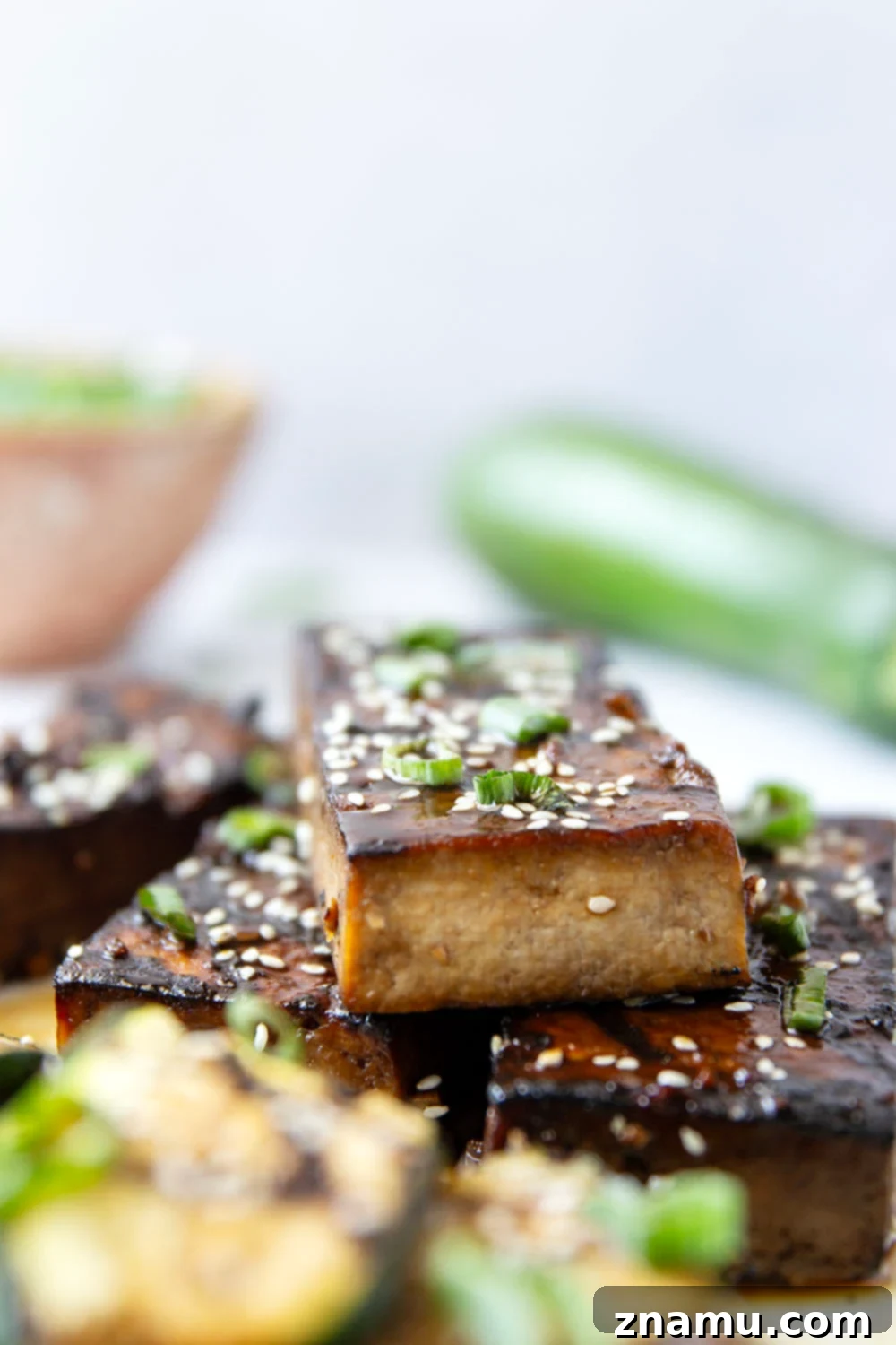Pressed tofu slabs marinating in a clear resealable bag with a dark soy-based sauce.