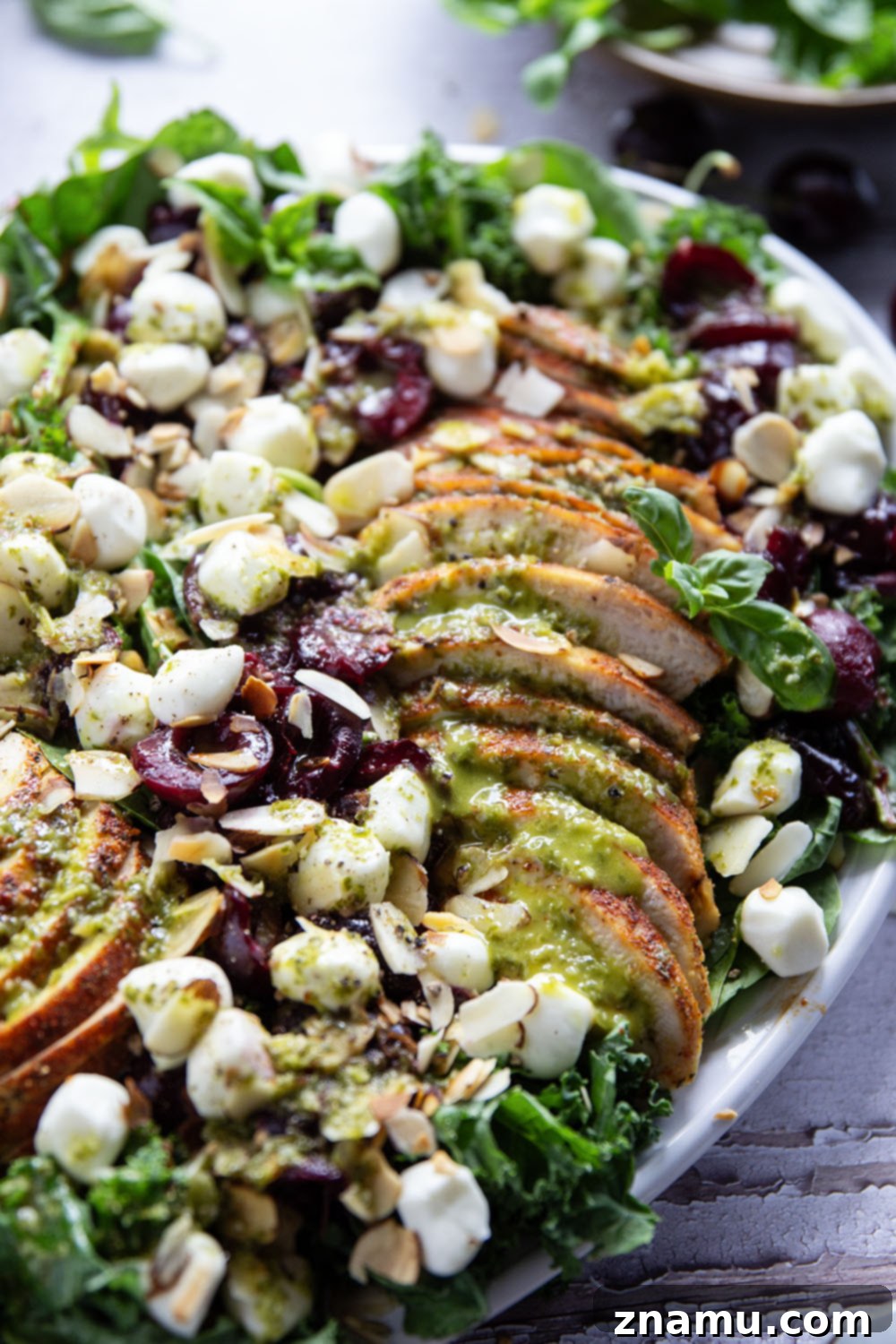 Roasted Cherry Chicken Salad with Bright Basil Lemon Dressing 6 A large serving bowl filled with Roasted Cherry Chicken Salad, ready to be enjoyed.