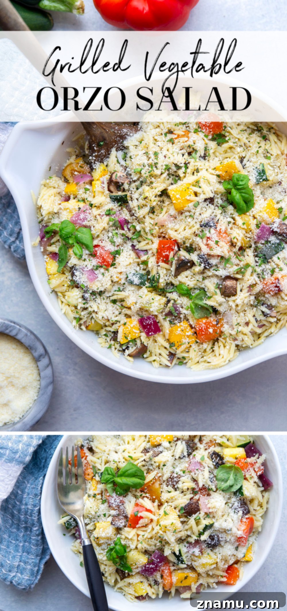 Charred Veggie Orzo Salad 7 Detailed shot of a single serving of grilled vegetable orzo salad with a fork, emphasizing texture.