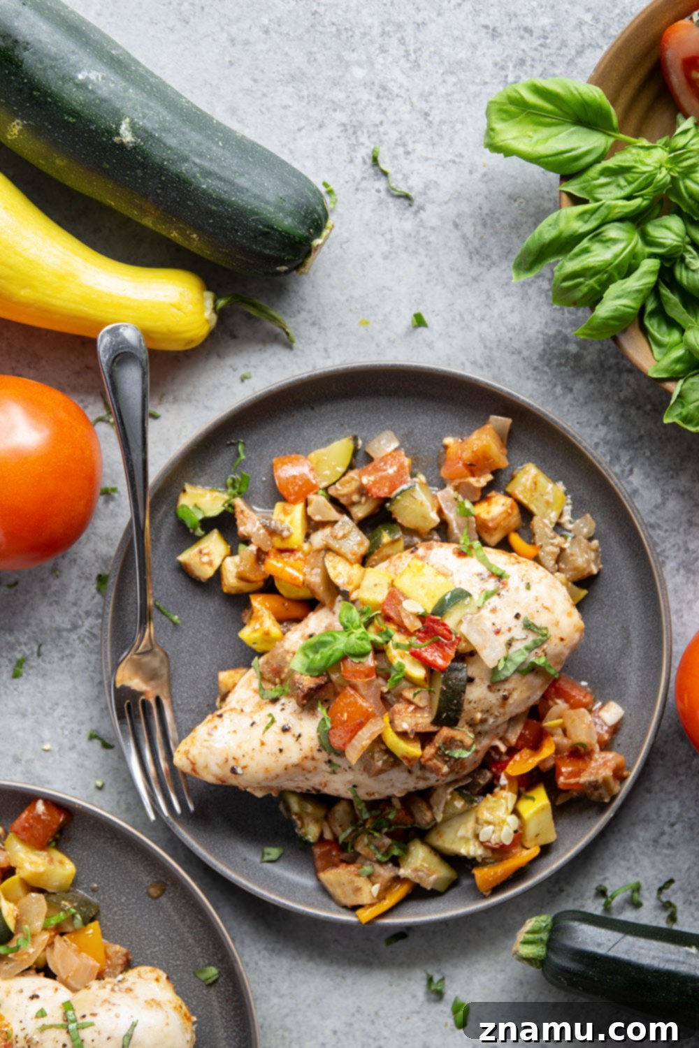 One-Pan Ratatouille Chicken Bake 2 Made entirely on one sheet pan and packed full of garden vegetables, this ratatouille chicken is ready in only 45 minutes and an easy summer weeknight meal.